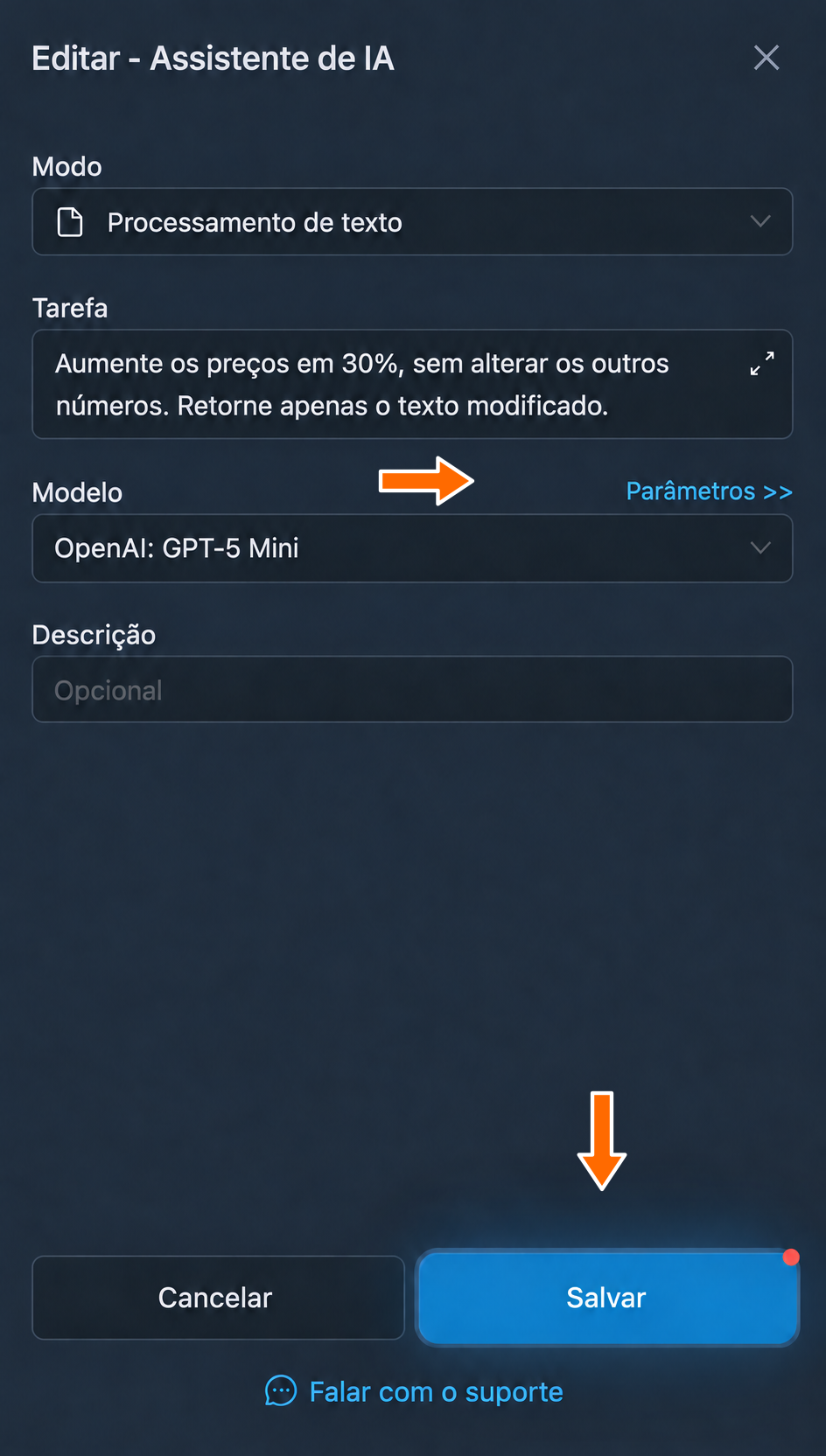 Configurações principais e acesso a “Parâmetros”