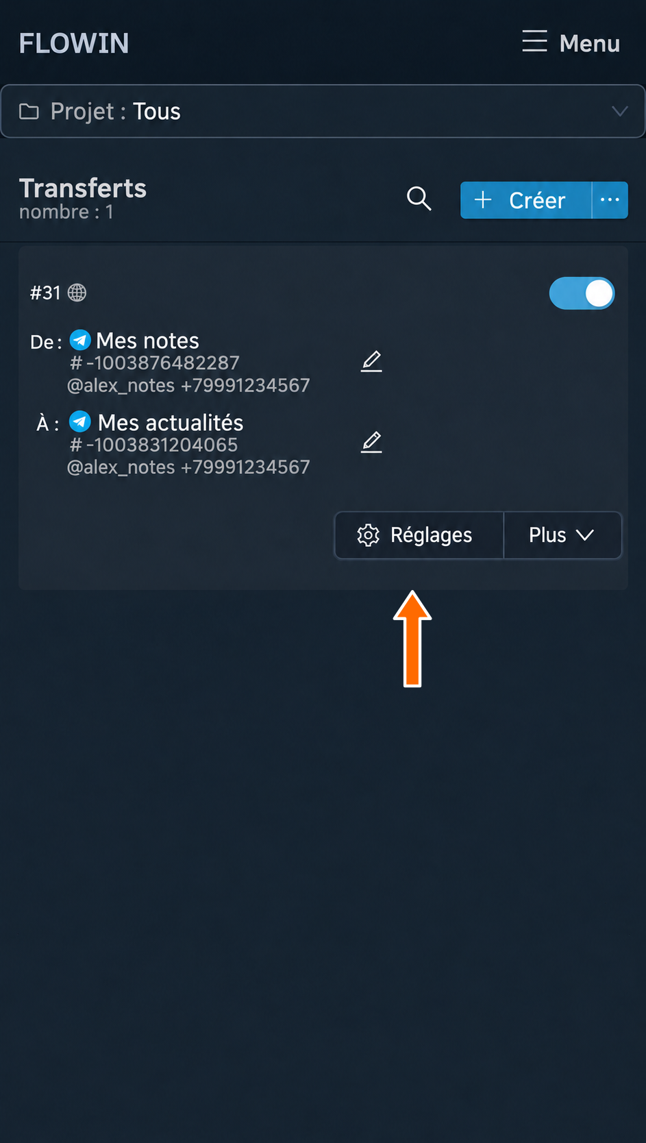 Bouton « Réglages » du transfert