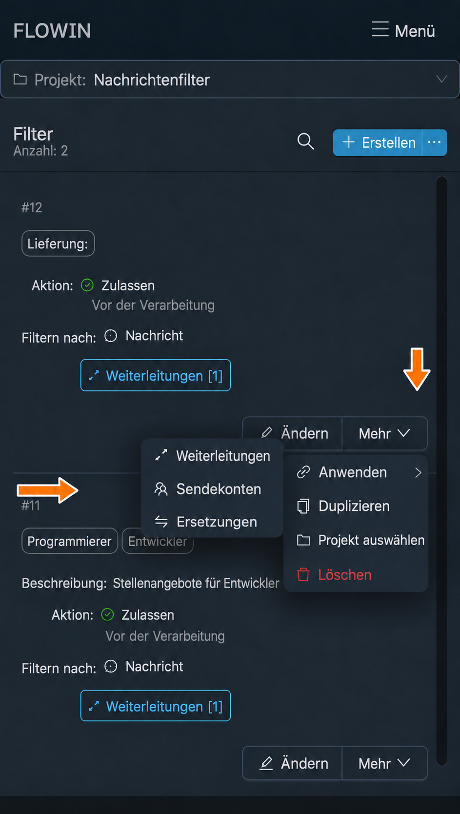 Der Eintrag „Sendekonten“ im Menü „Anwenden“