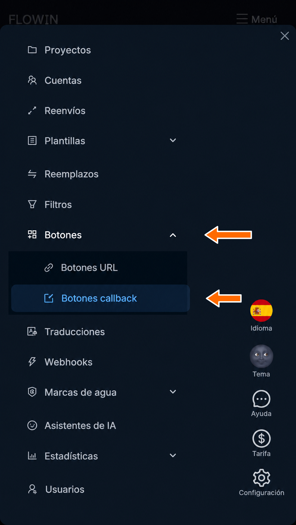Sección «Botones callback» en el menú de FLOWIN