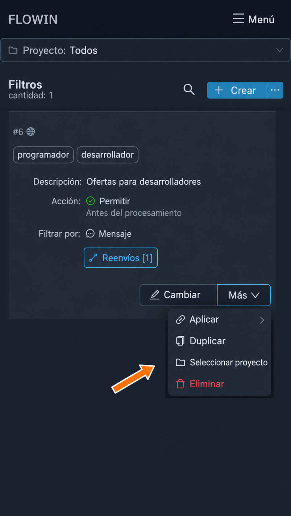 Acciones del filtro en el menú «Más»