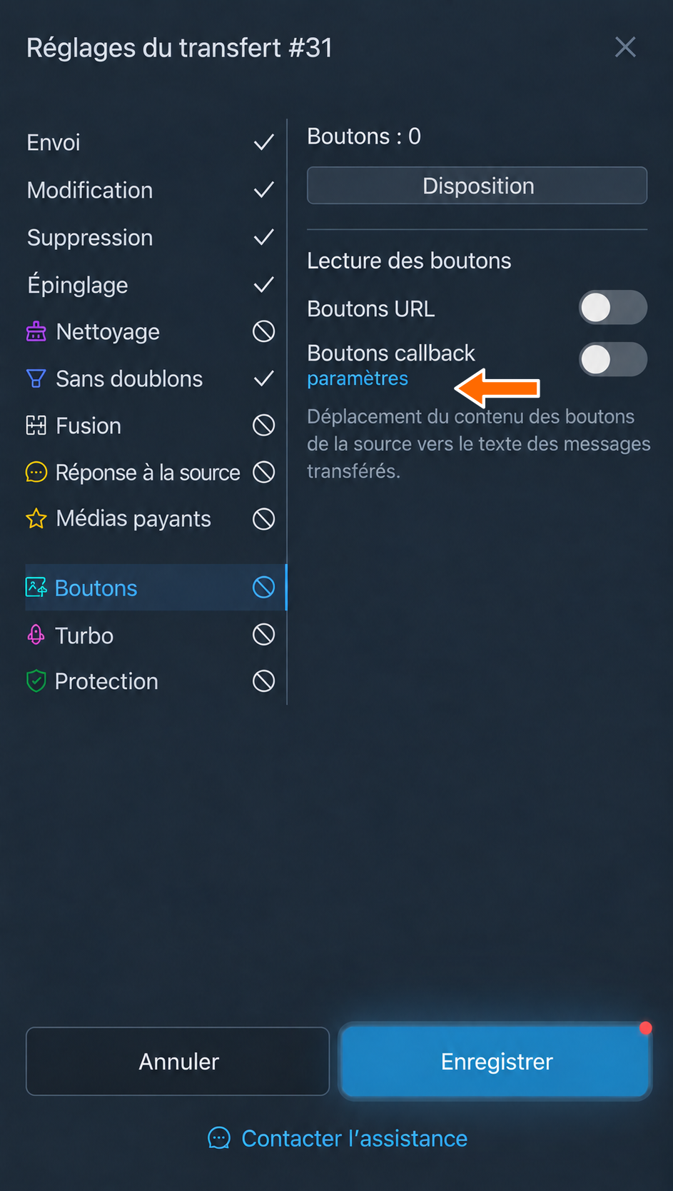 Lecture des boutons URL et callback