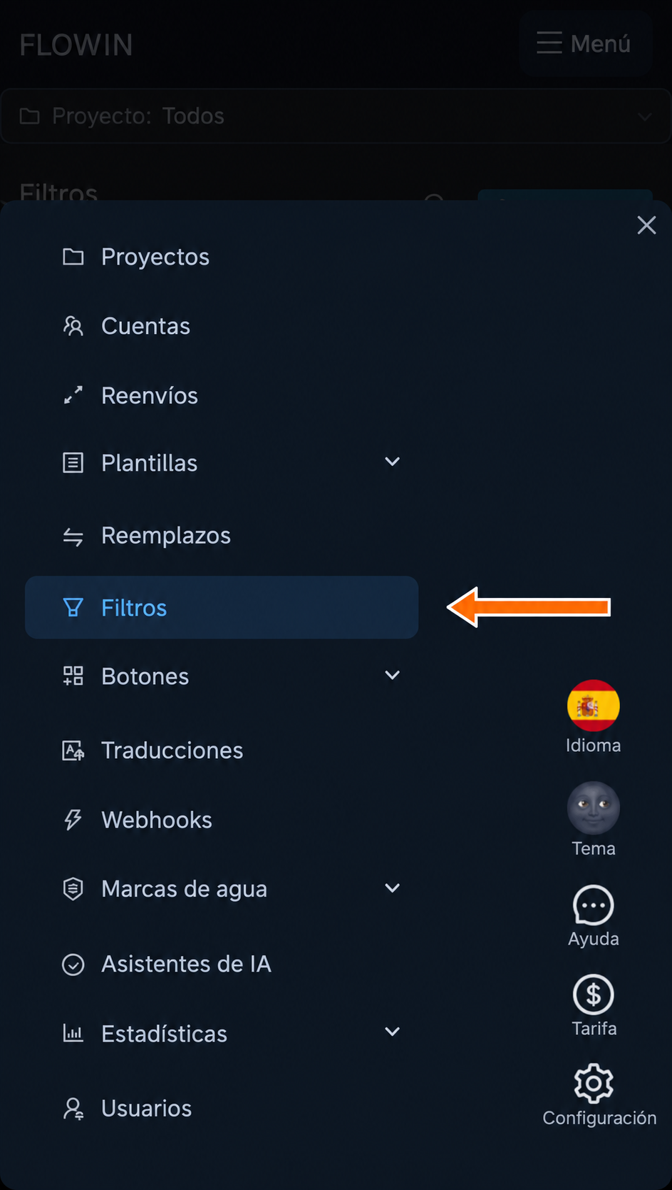Sección «Filtros» en el menú