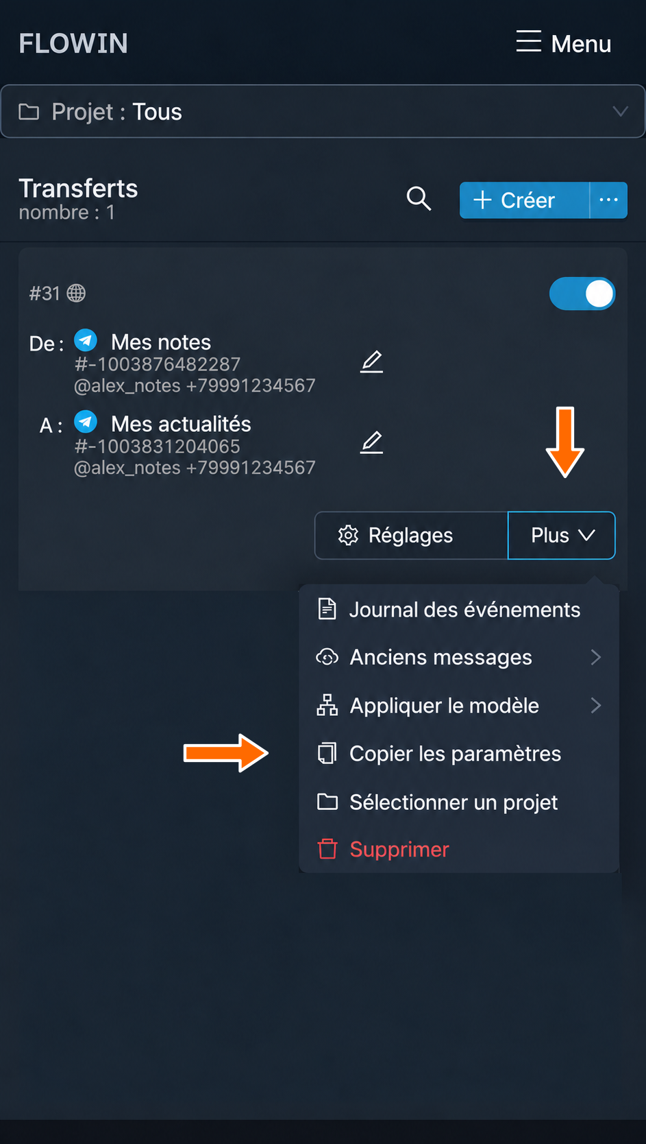 Copie des paramètres d’un transfert