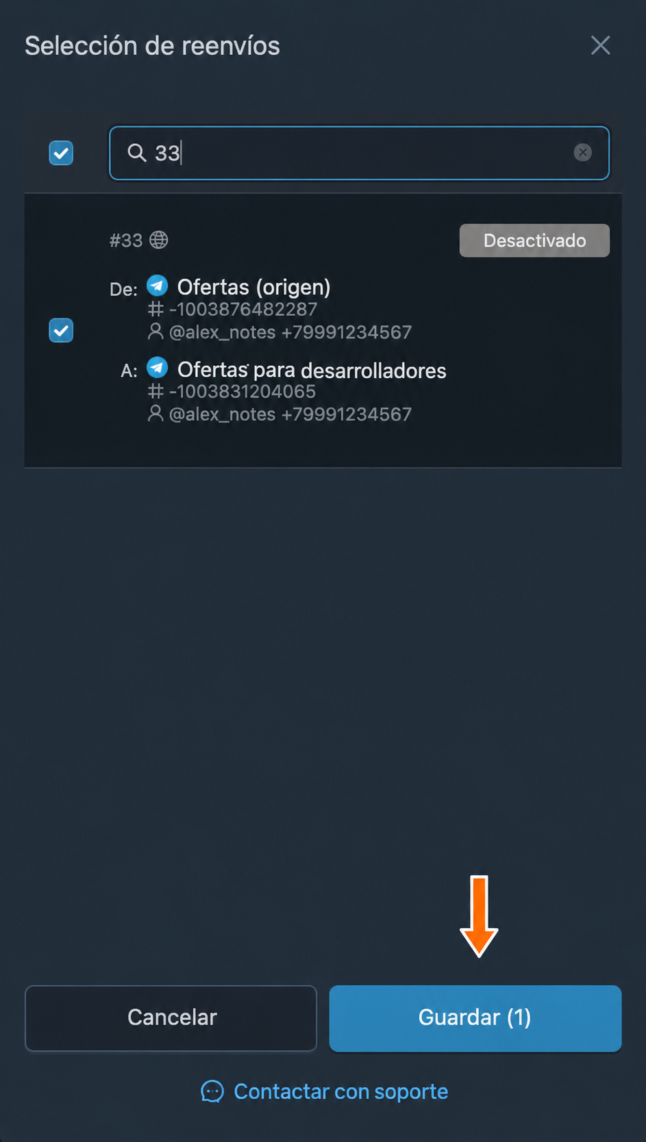 Reenvío seleccionado antes de guardar la vinculación