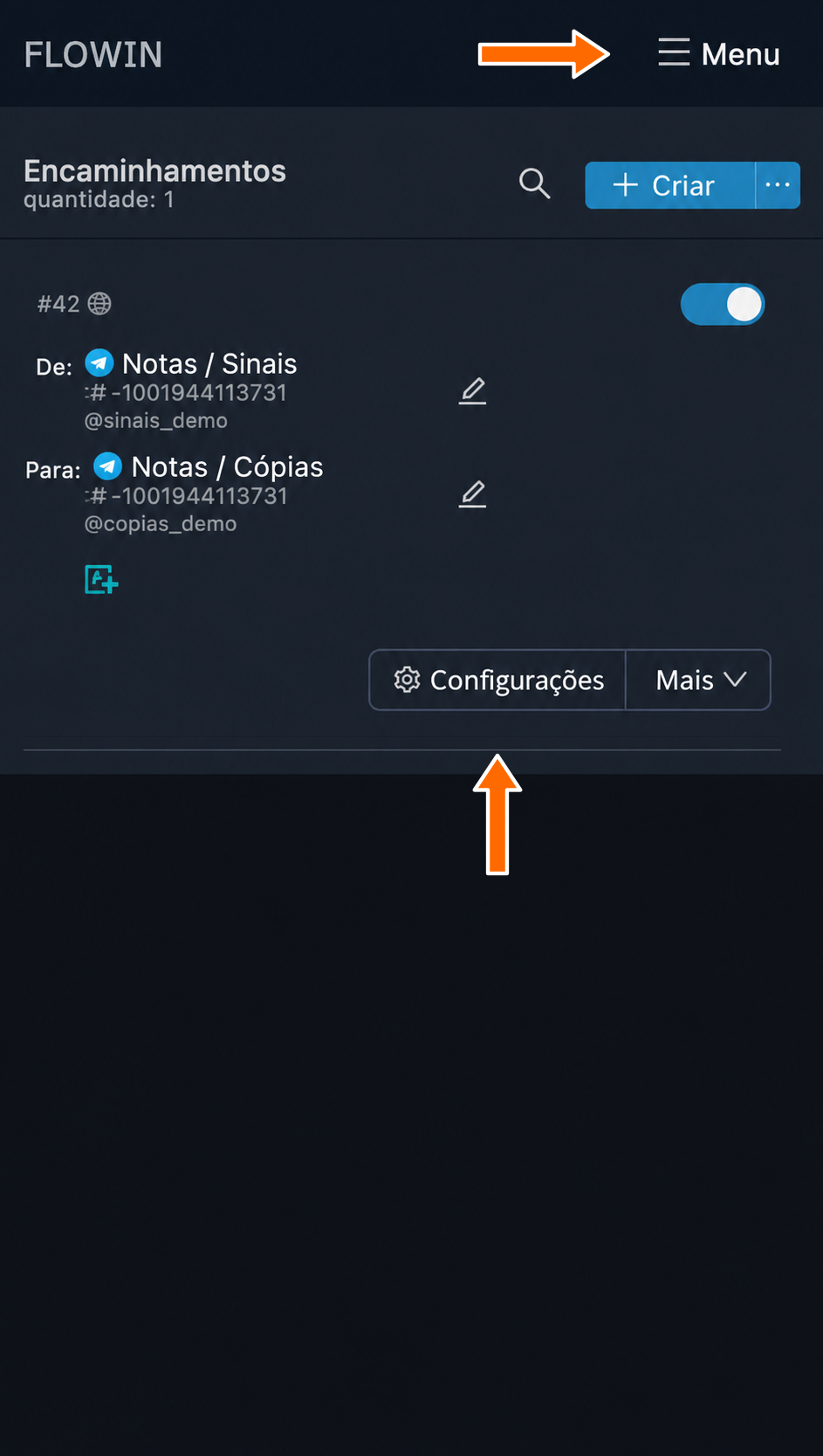 Abertura das configurações do encaminhamento desejado