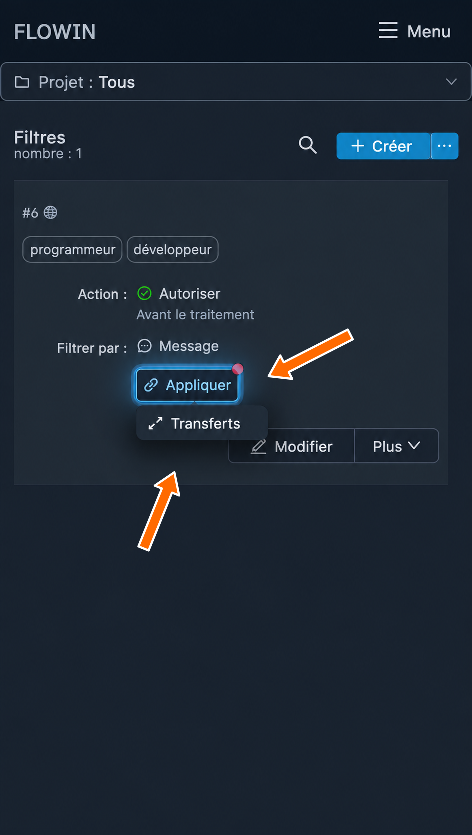 Sélection de « Transferts » dans le menu d’application