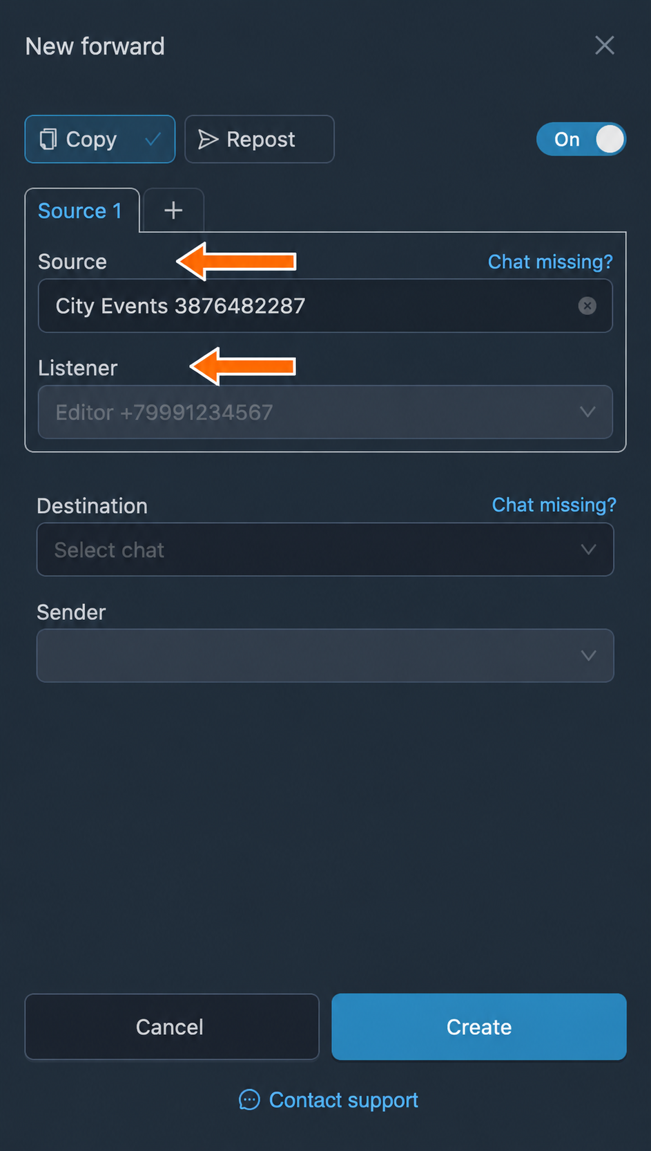 The selected source channel and listener