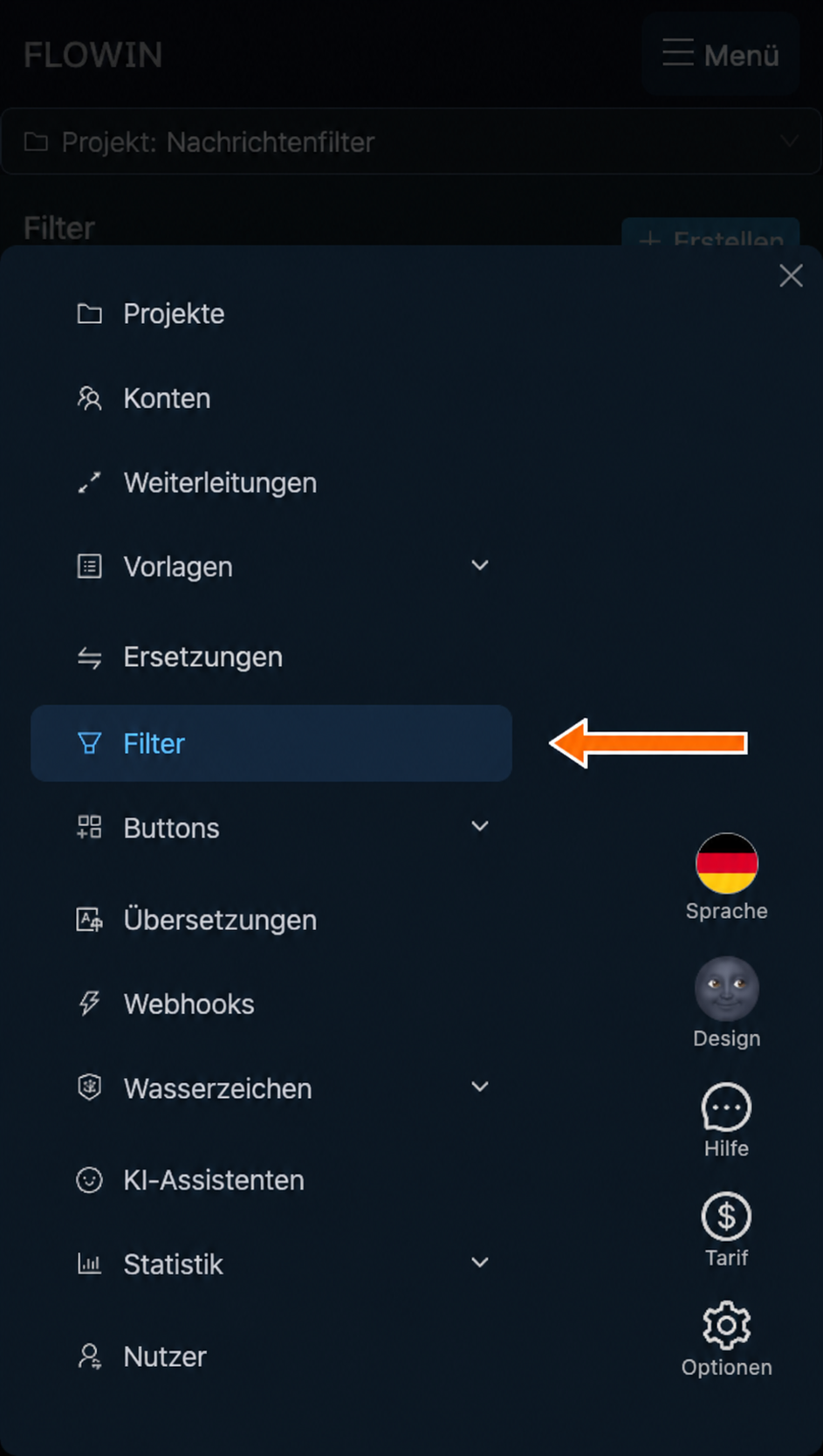 Der Bereich „Filter“ im Menü