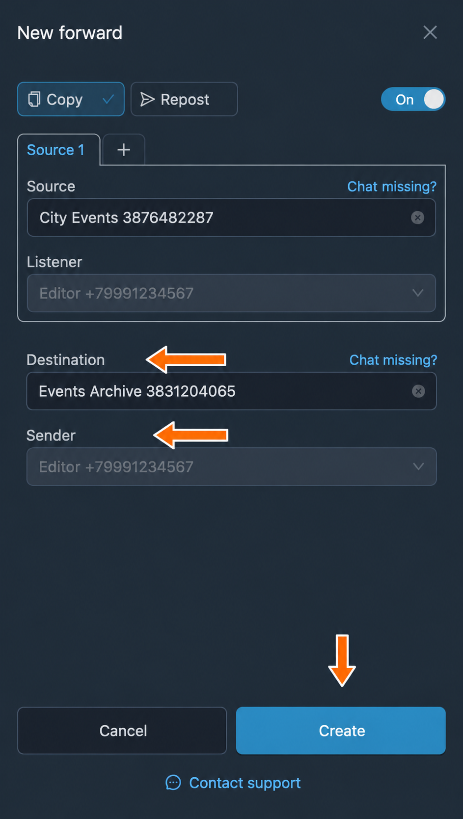 The destination, sender and Create button