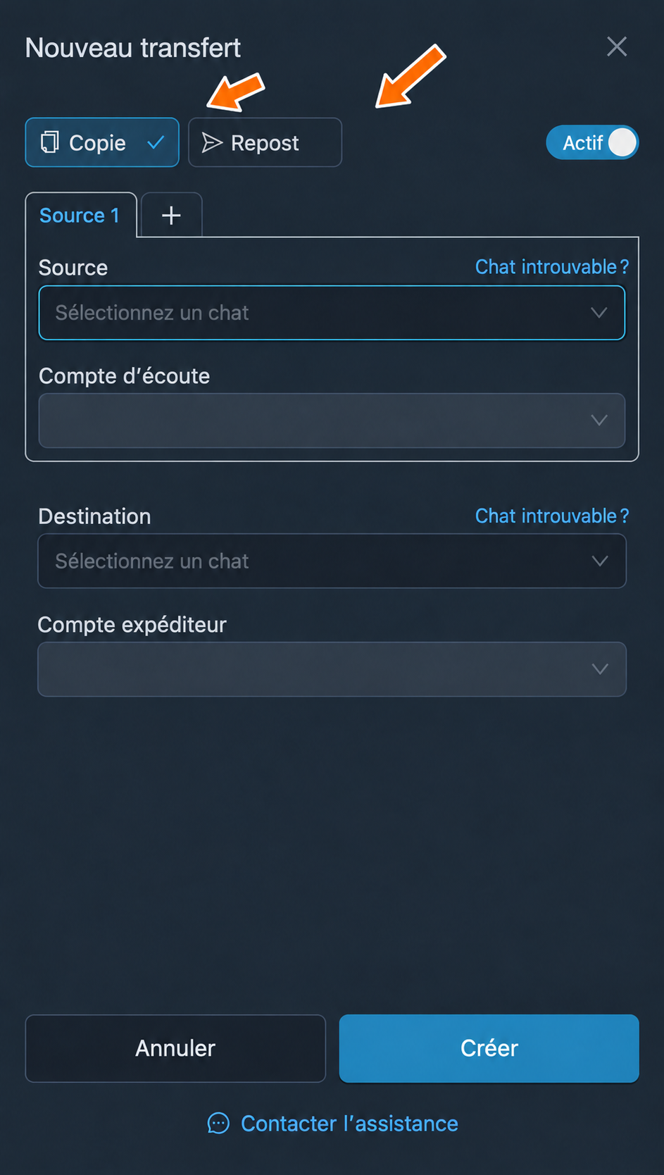 Choix du mode « Copie » ou « Repost »