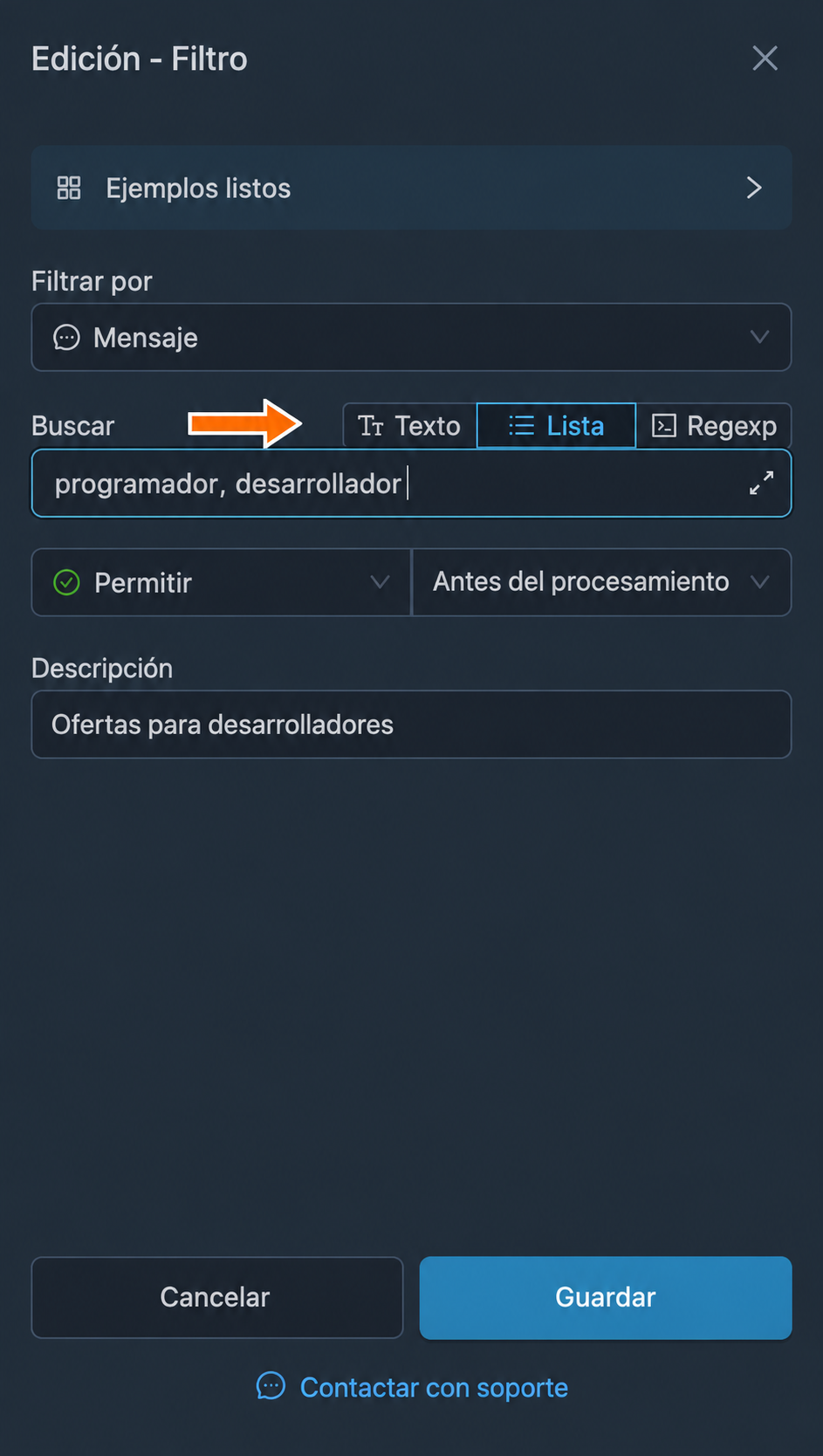 Varias opciones en el modo «Lista»