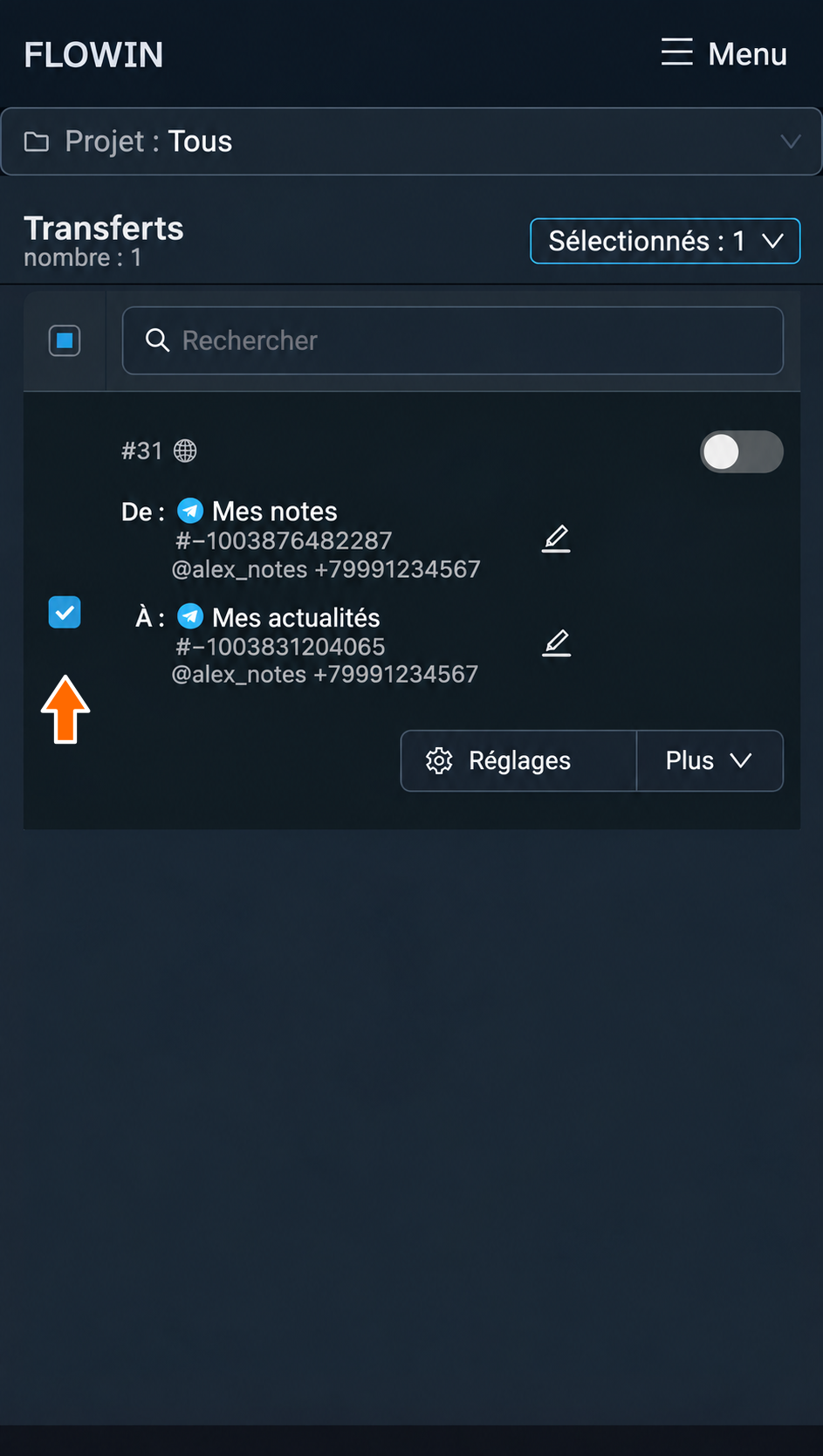Transfert sélectionné