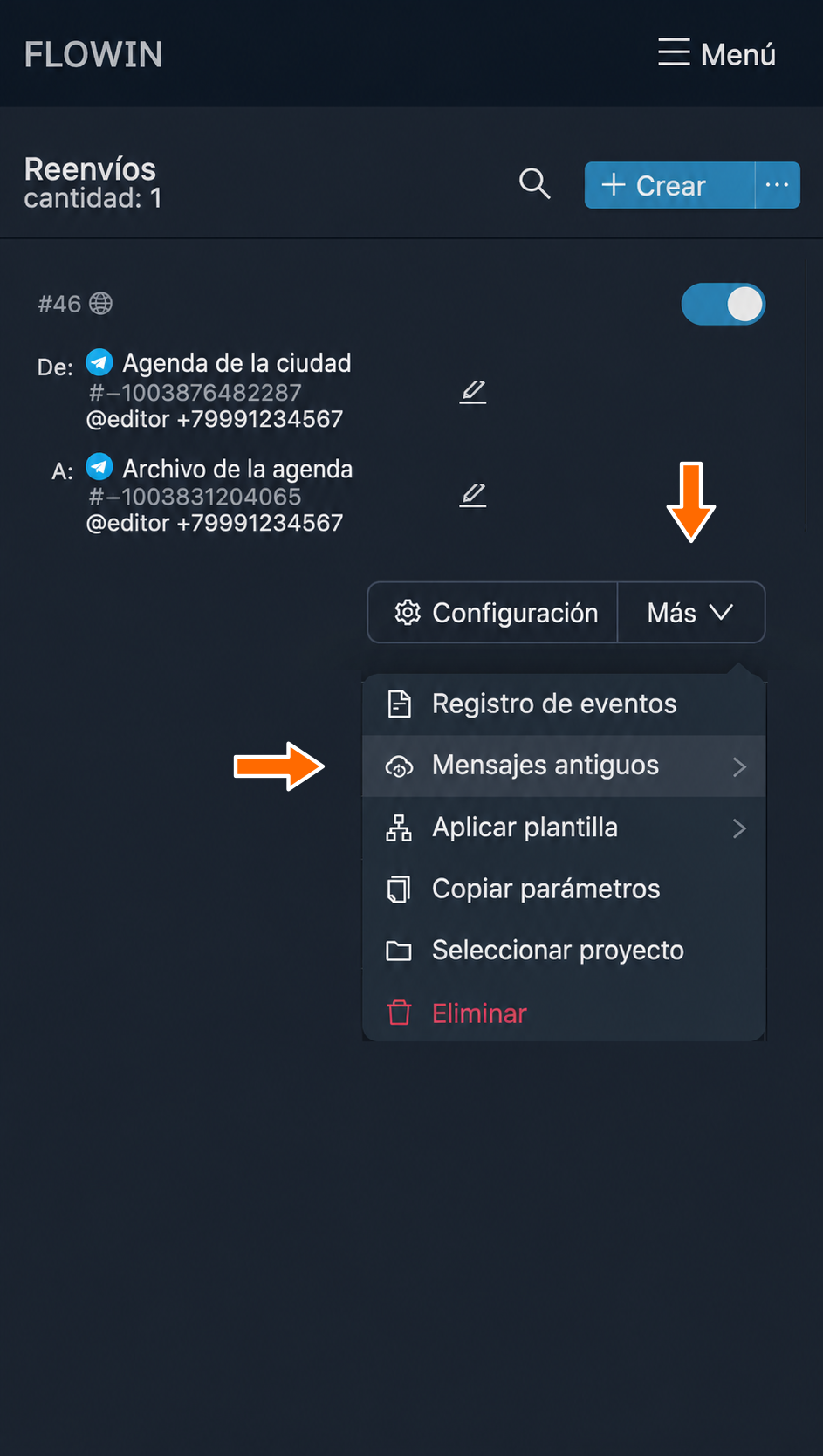 Acción Mensajes antiguos en el menú Más
