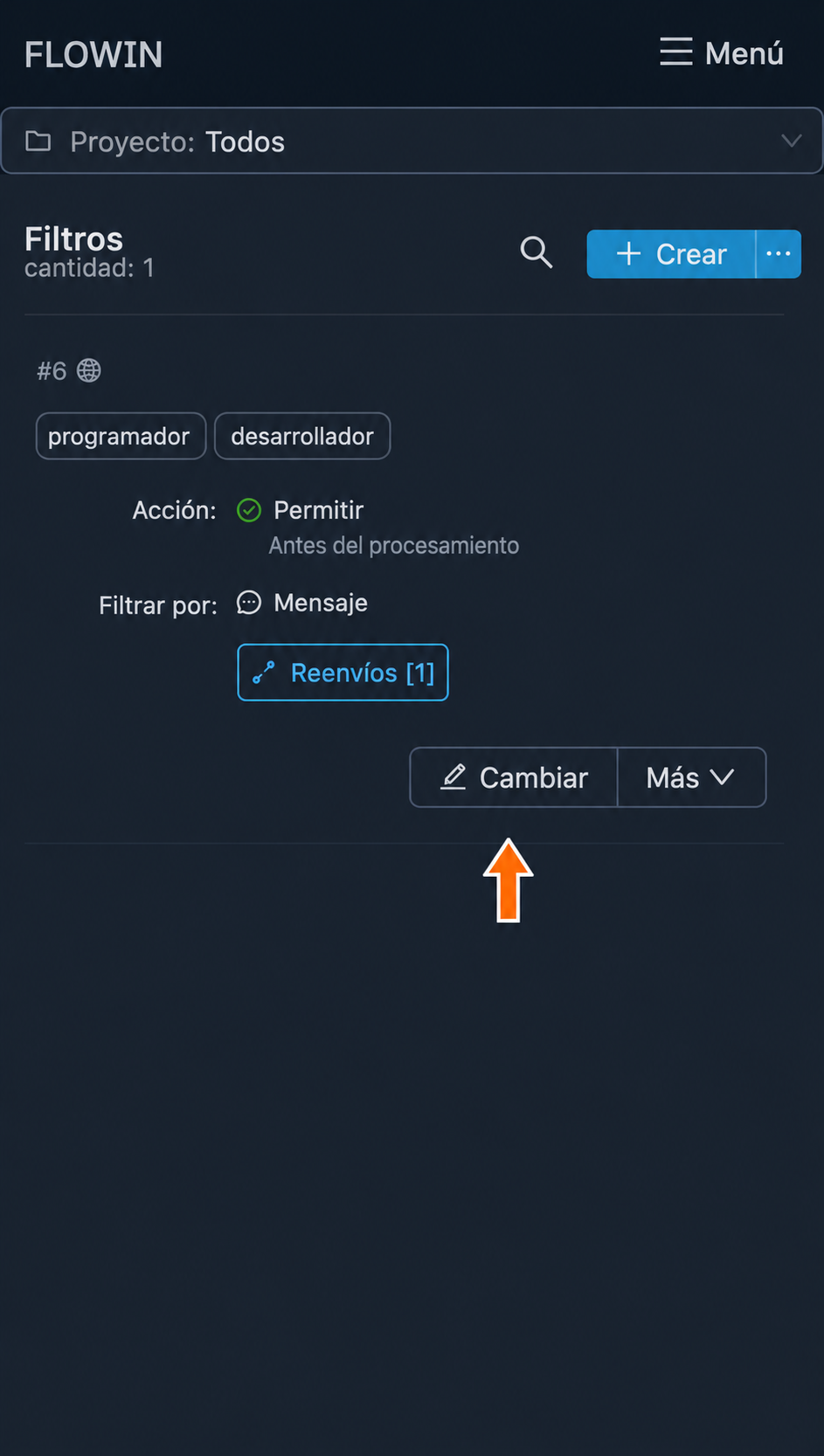 Botón «Cambiar» del filtro