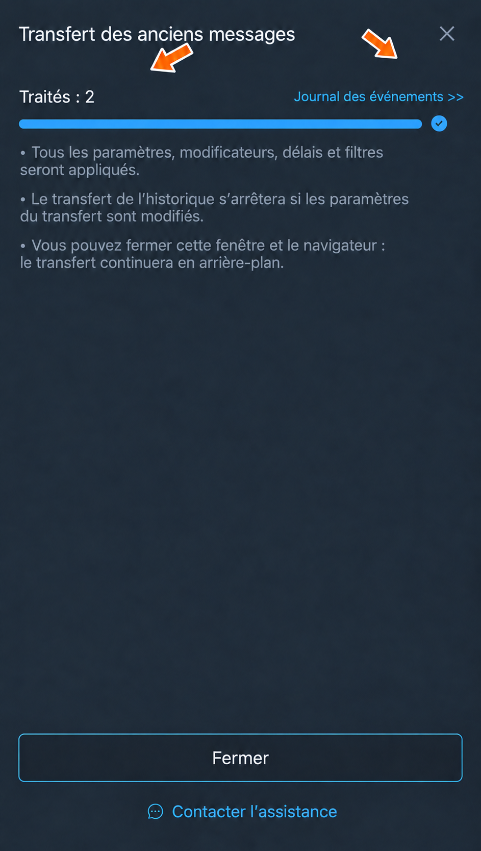 Traitement de l’historique terminé : deux messages