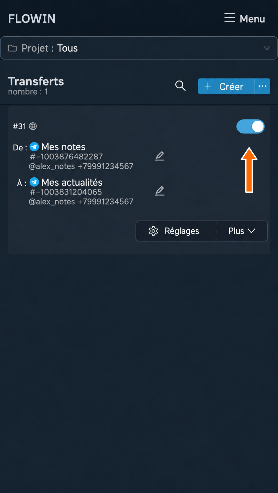 Transfert activé