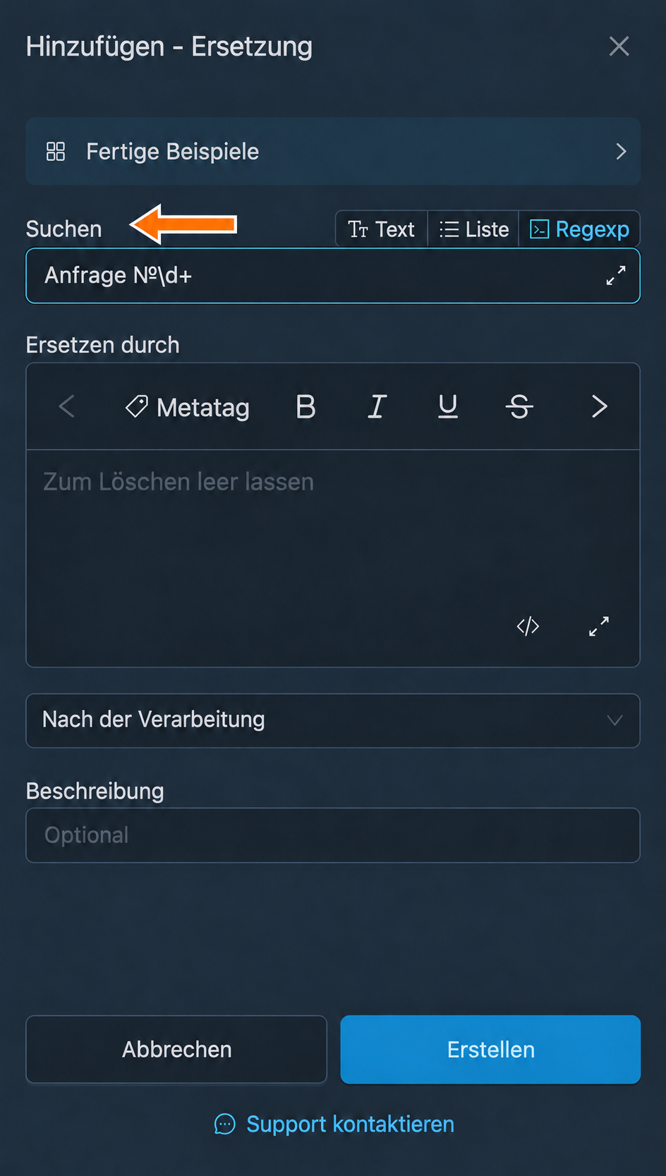Modus Regexp neben dem Feld Suchen in den Einstellungen einer Ersetzung