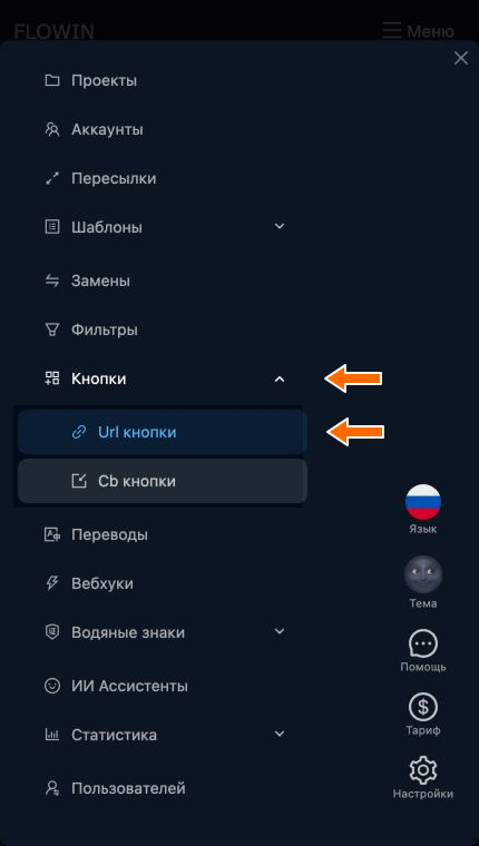 Раздел «Url кнопки» в меню FLOWIN