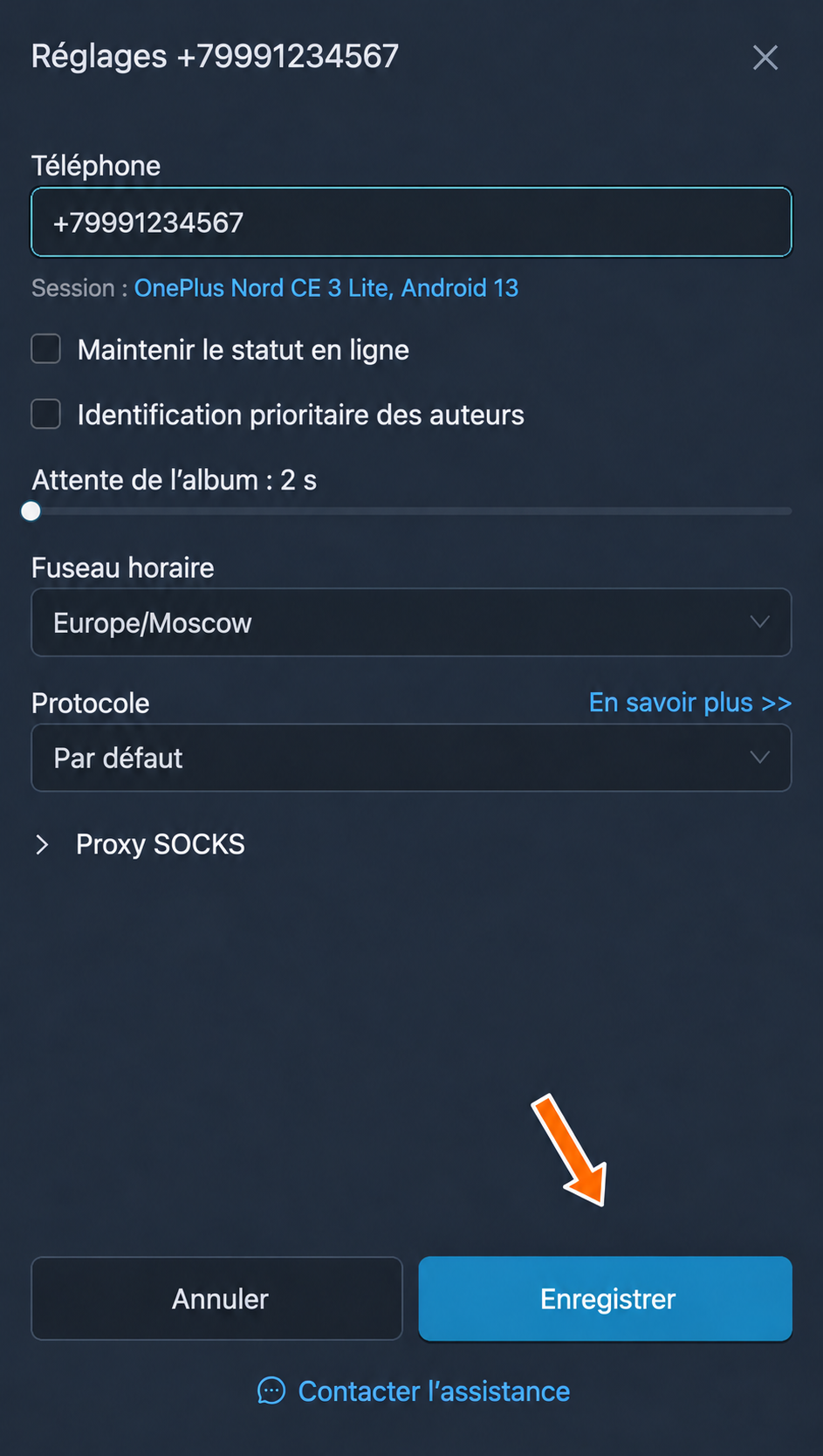 Téléphone, statut en ligne, album, fuseau horaire et protocole dans les réglages du compte