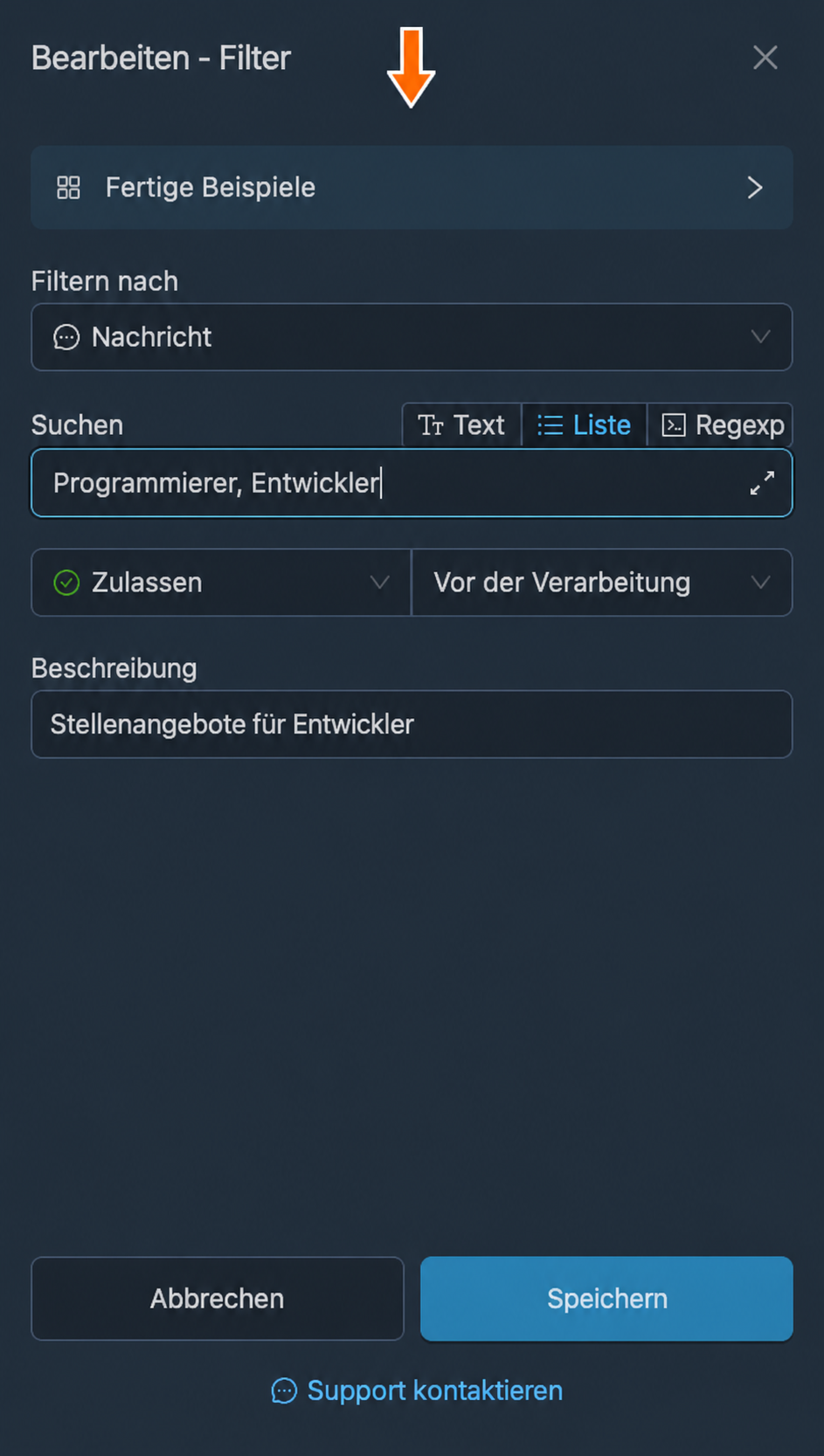 Die Schaltfläche „Fertige Beispiele“ im Formular