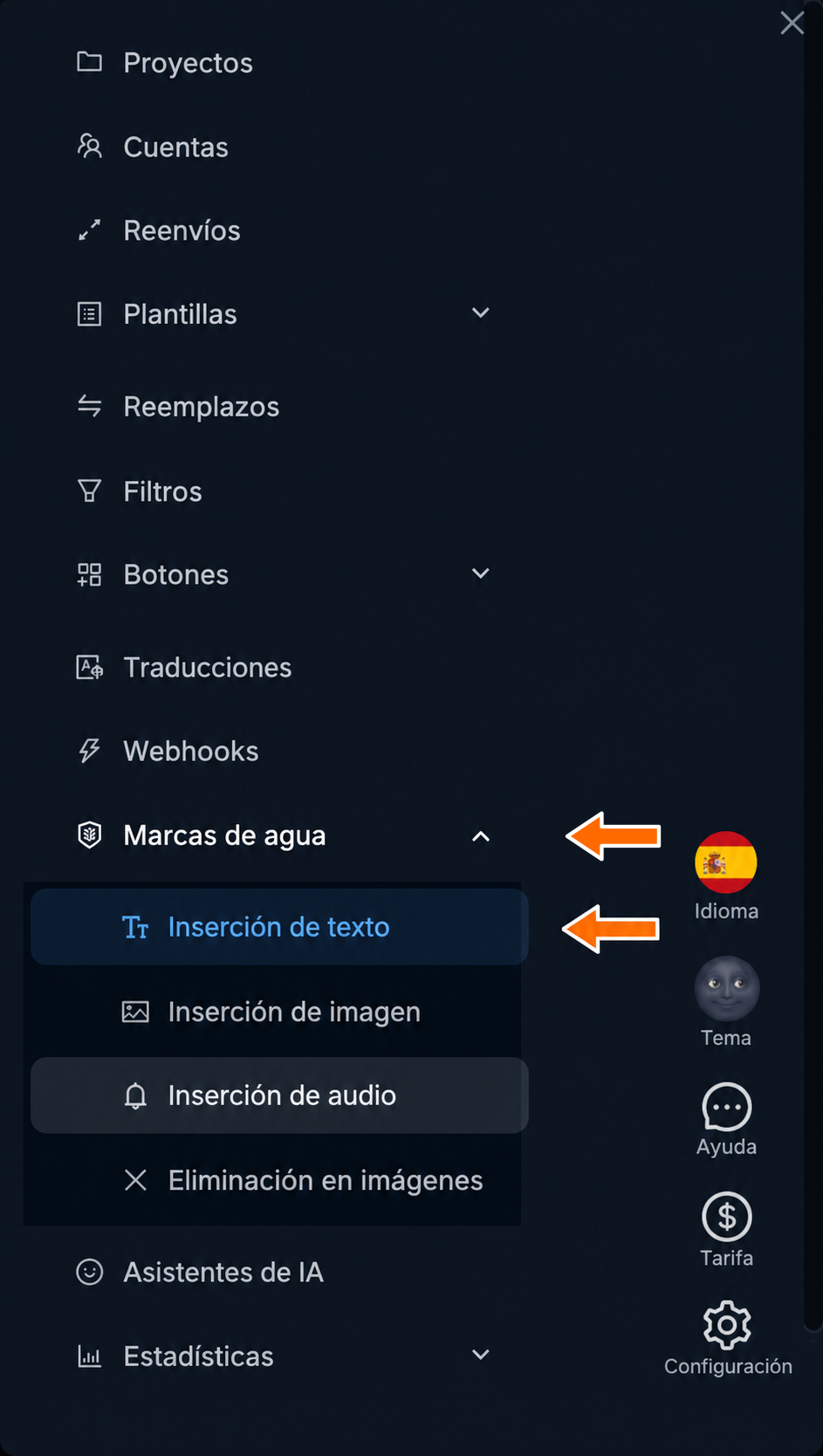 Inserción de texto en el menú de marcas de agua