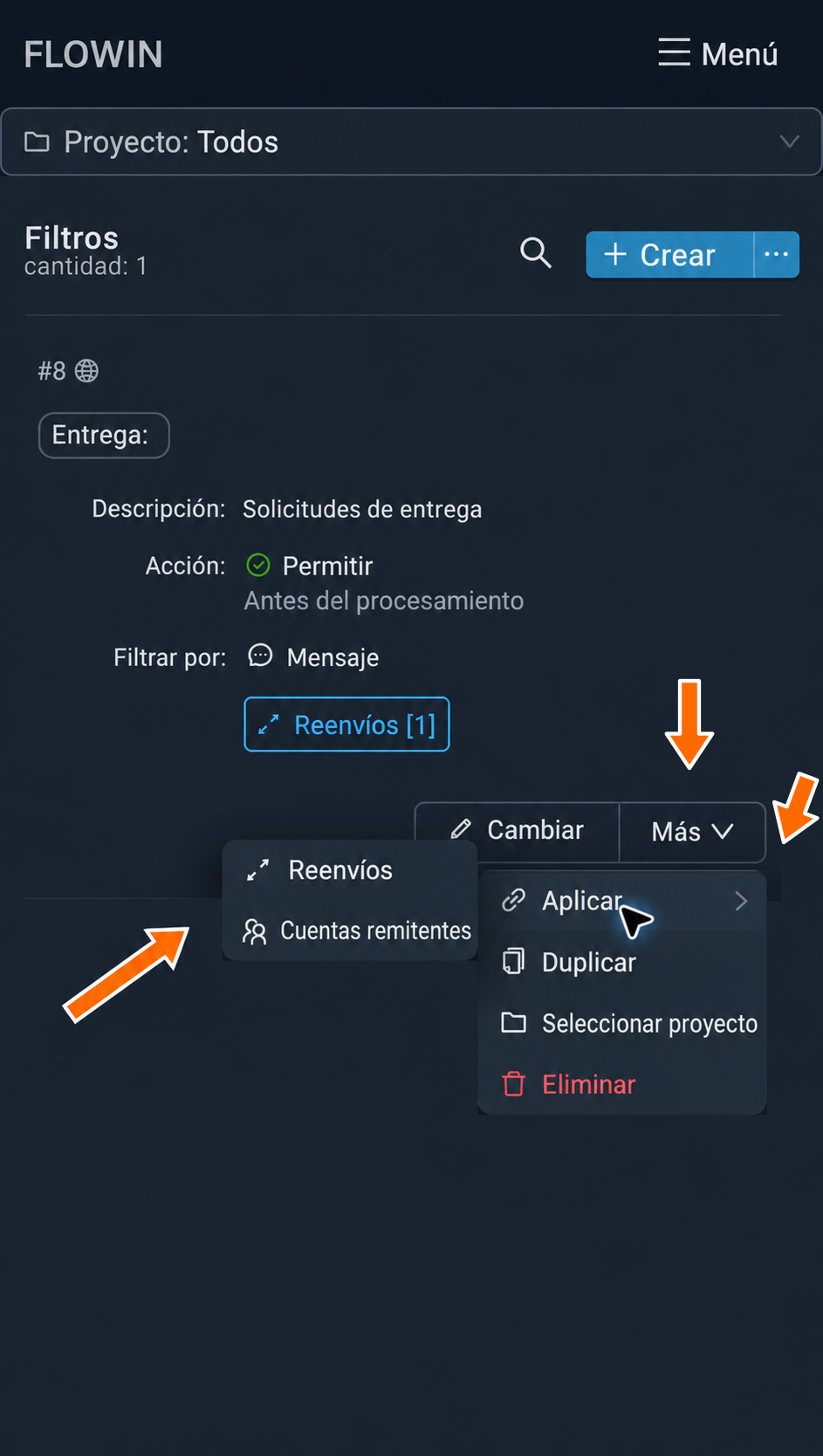 Opción «Cuentas remitentes» en el menú de aplicación