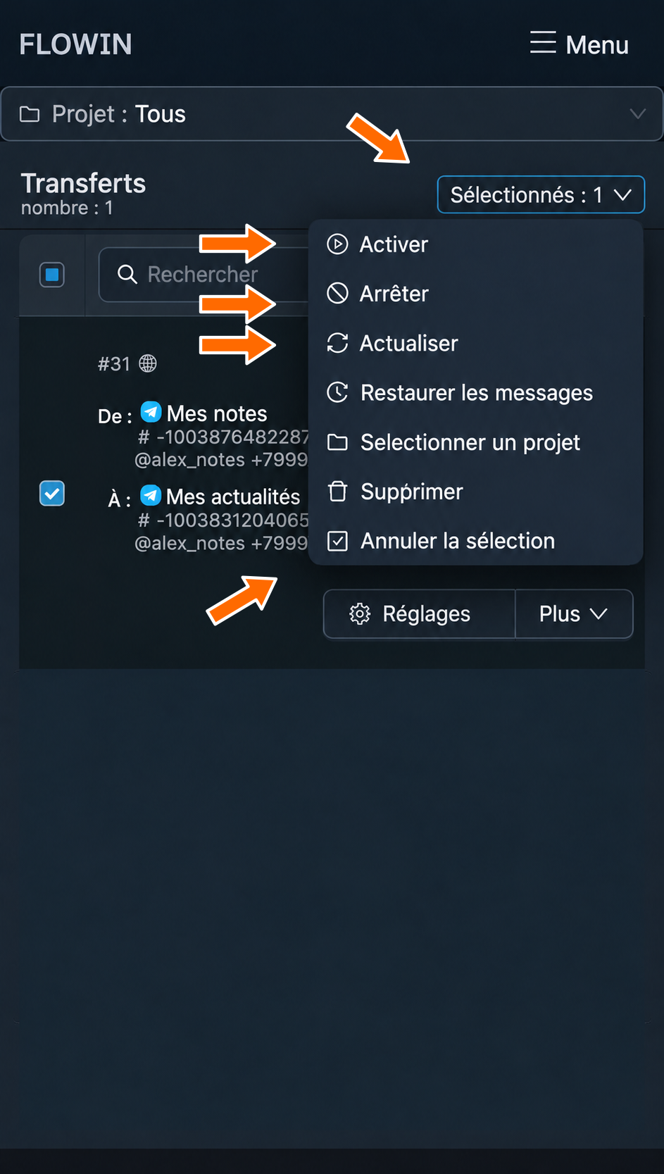 Actions sur les transferts sélectionnés