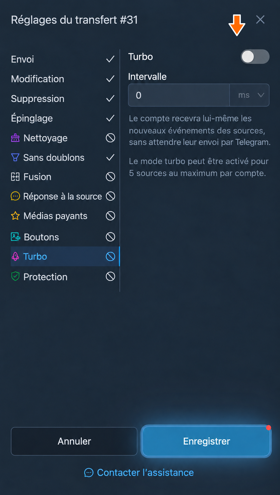 Intervalle du mode « Turbo »