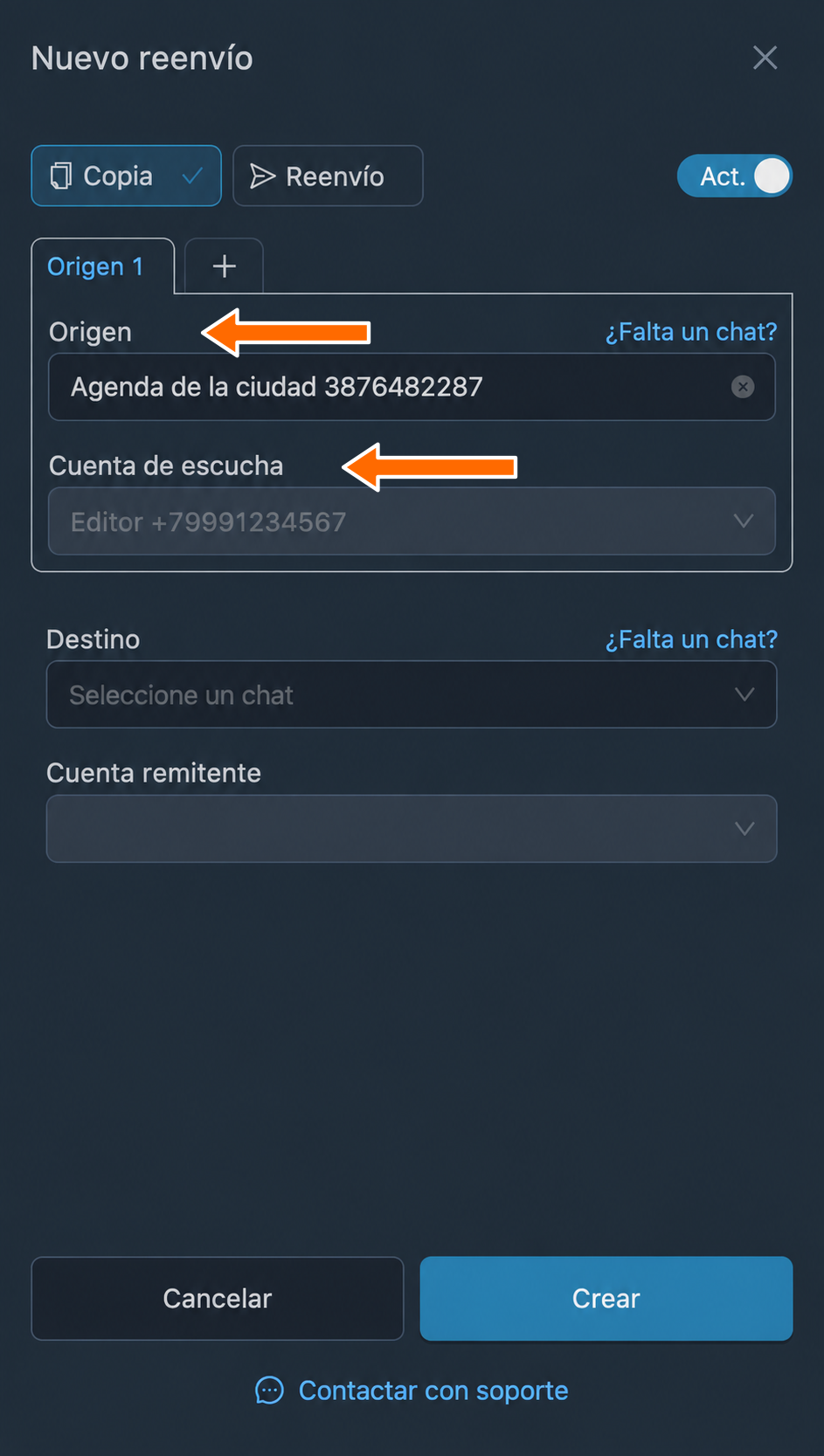 Canal de origen y cuenta de escucha seleccionados