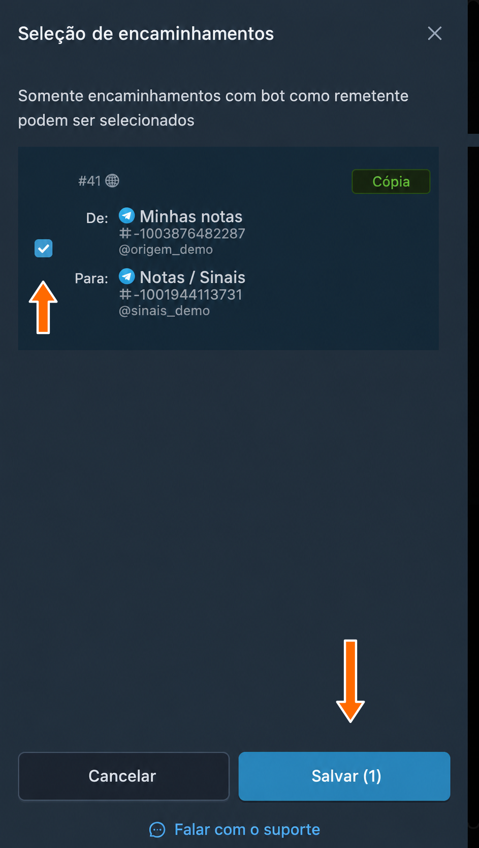 Seleção de um encaminhamento com um bot como remetente