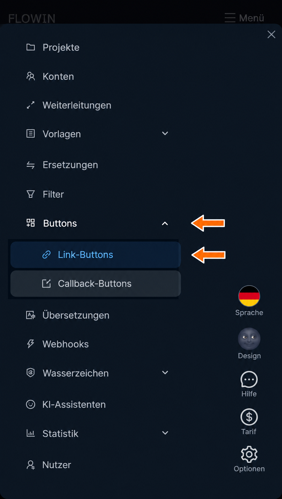Der Bereich „Link-Buttons“ im FLOWIN-Menü