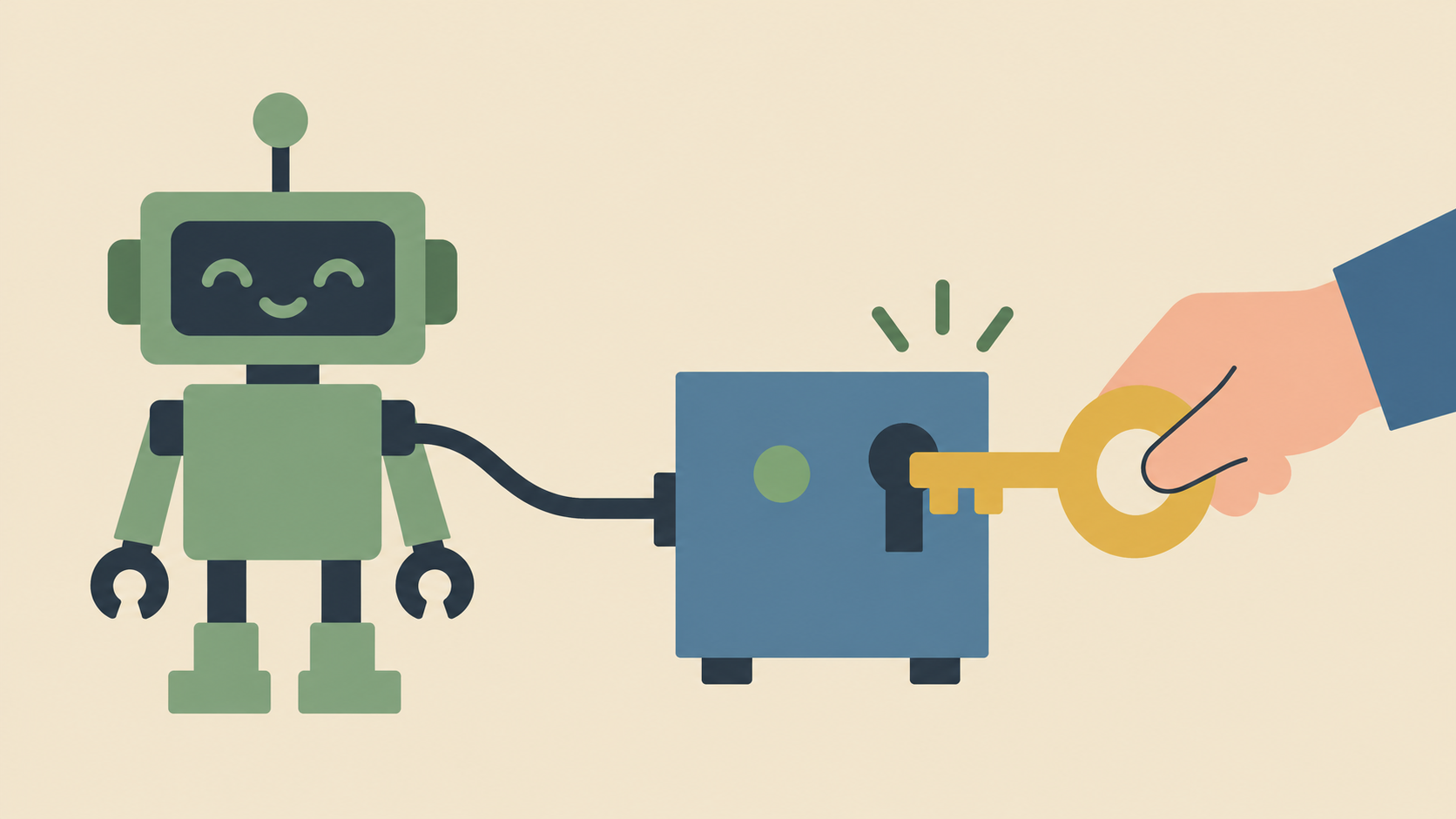 A key unlocks a box connected to a robot