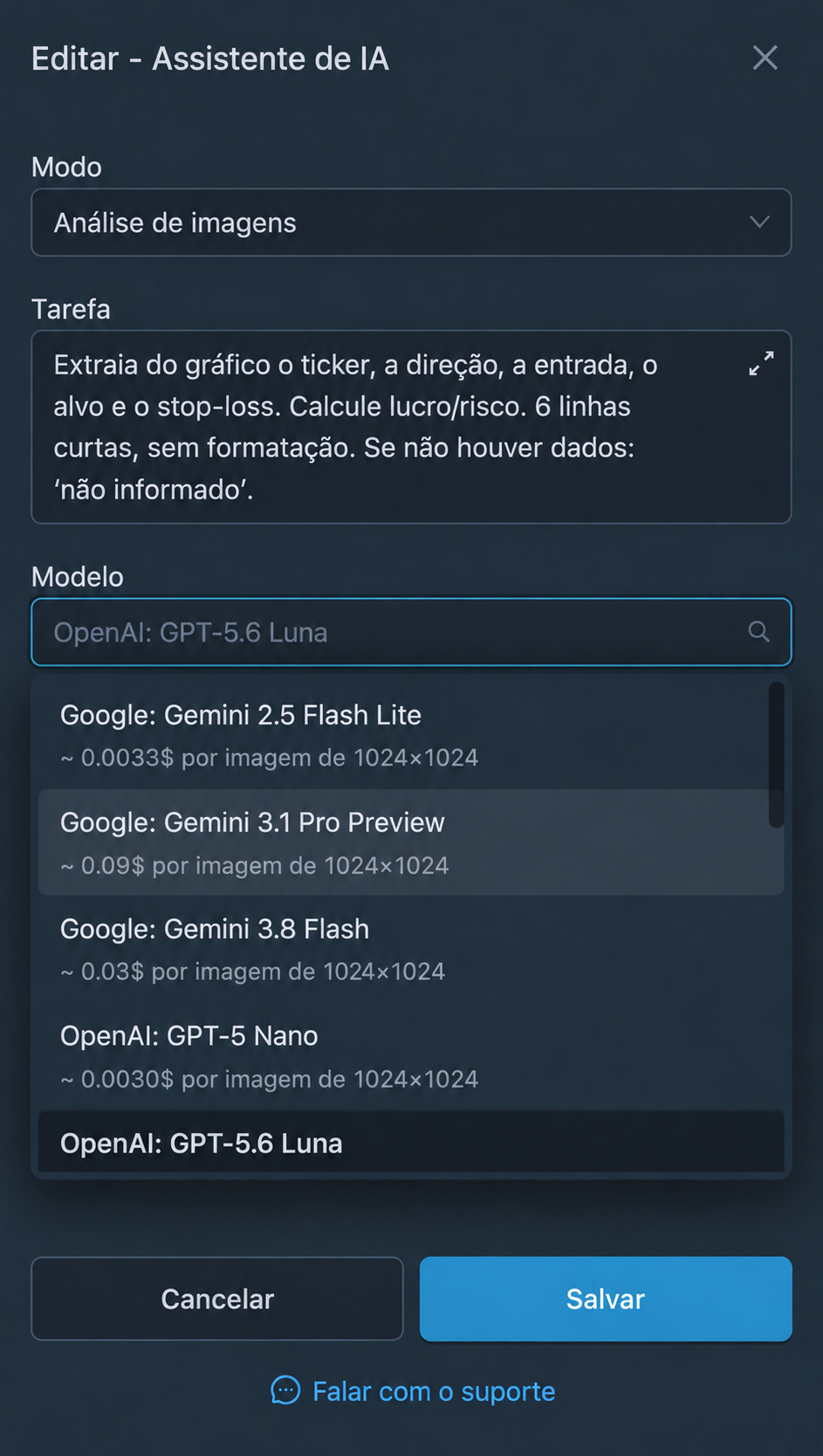 Modelos para o modo selecionado