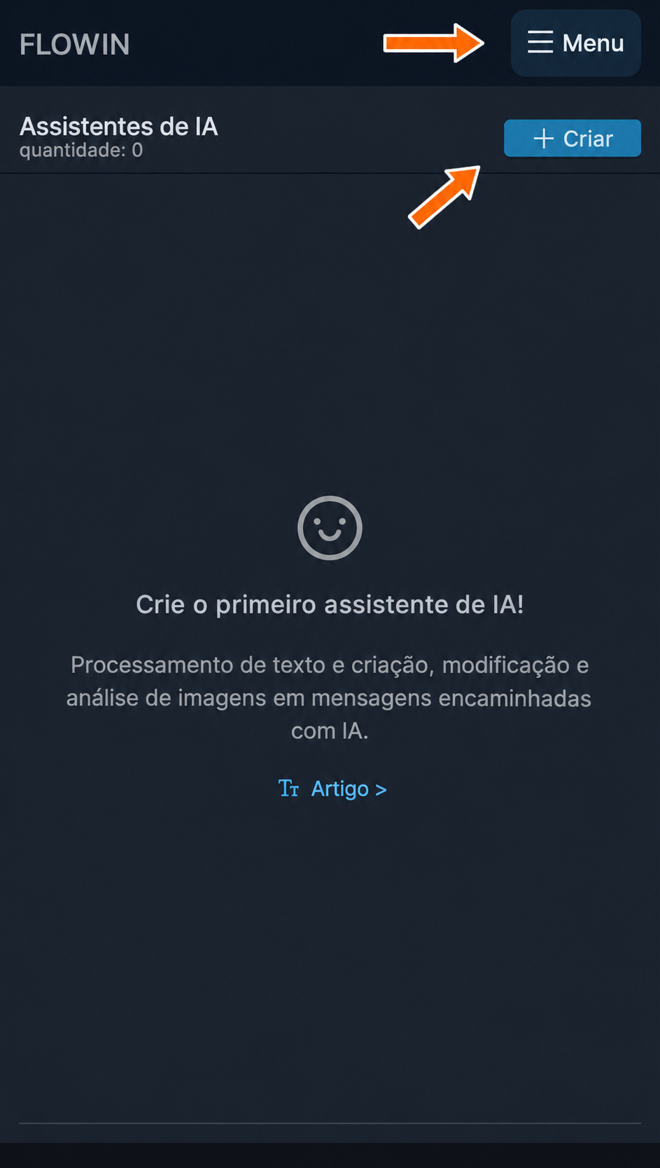 Menu e botão para criar uma nova tarefa
