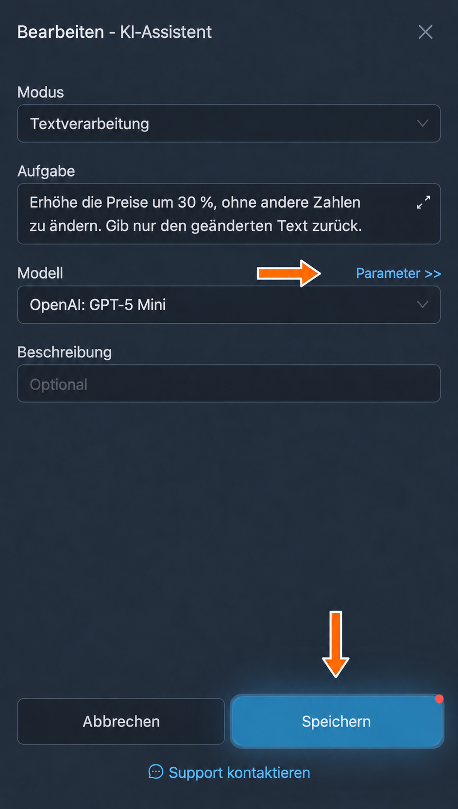 Grundeinstellungen und Zugang zu „Parameter“