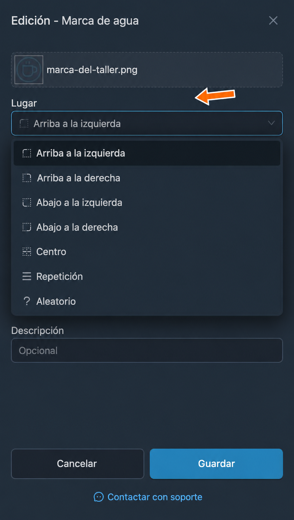 Opciones de posición de la imagen