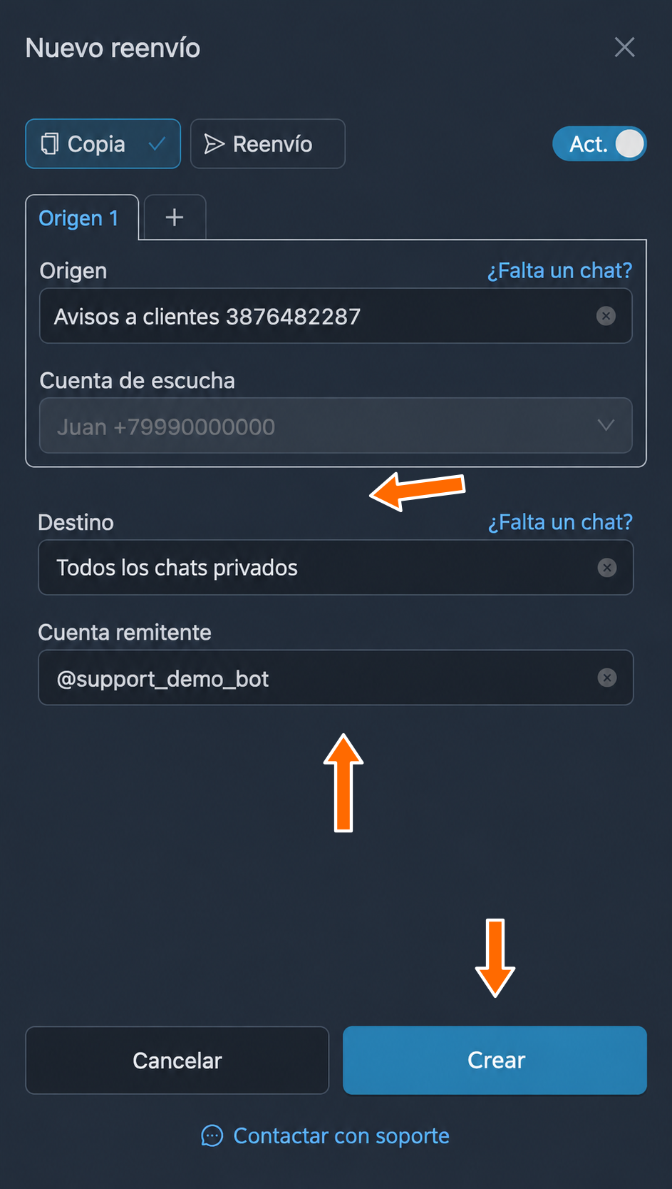 Destinatarios del envío: todos los chats privados del bot