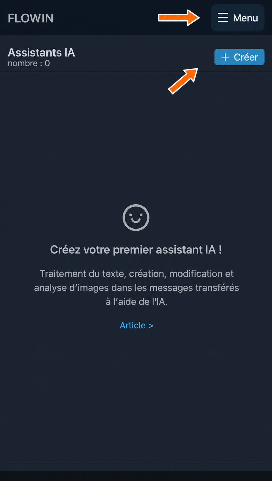 Le menu et le bouton de création d’une nouvelle tâche
