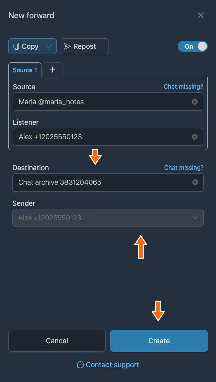 The channel for copies and the sender account.
