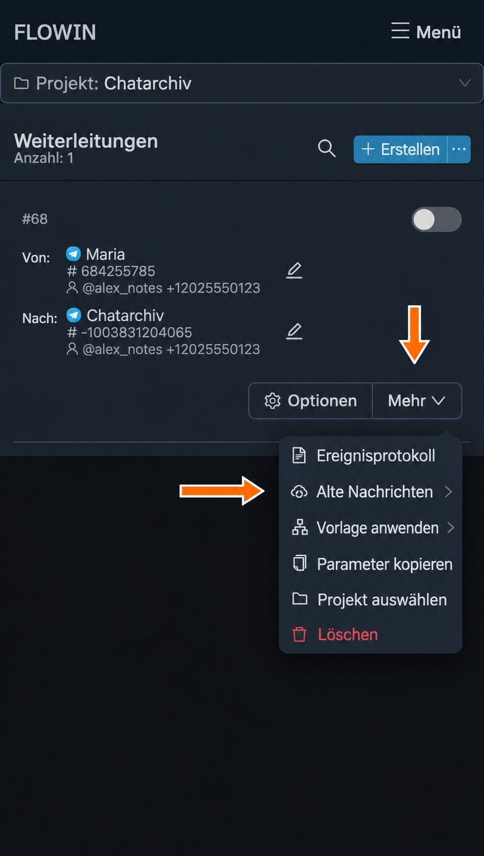 Kopieren alter Nachrichten starten.