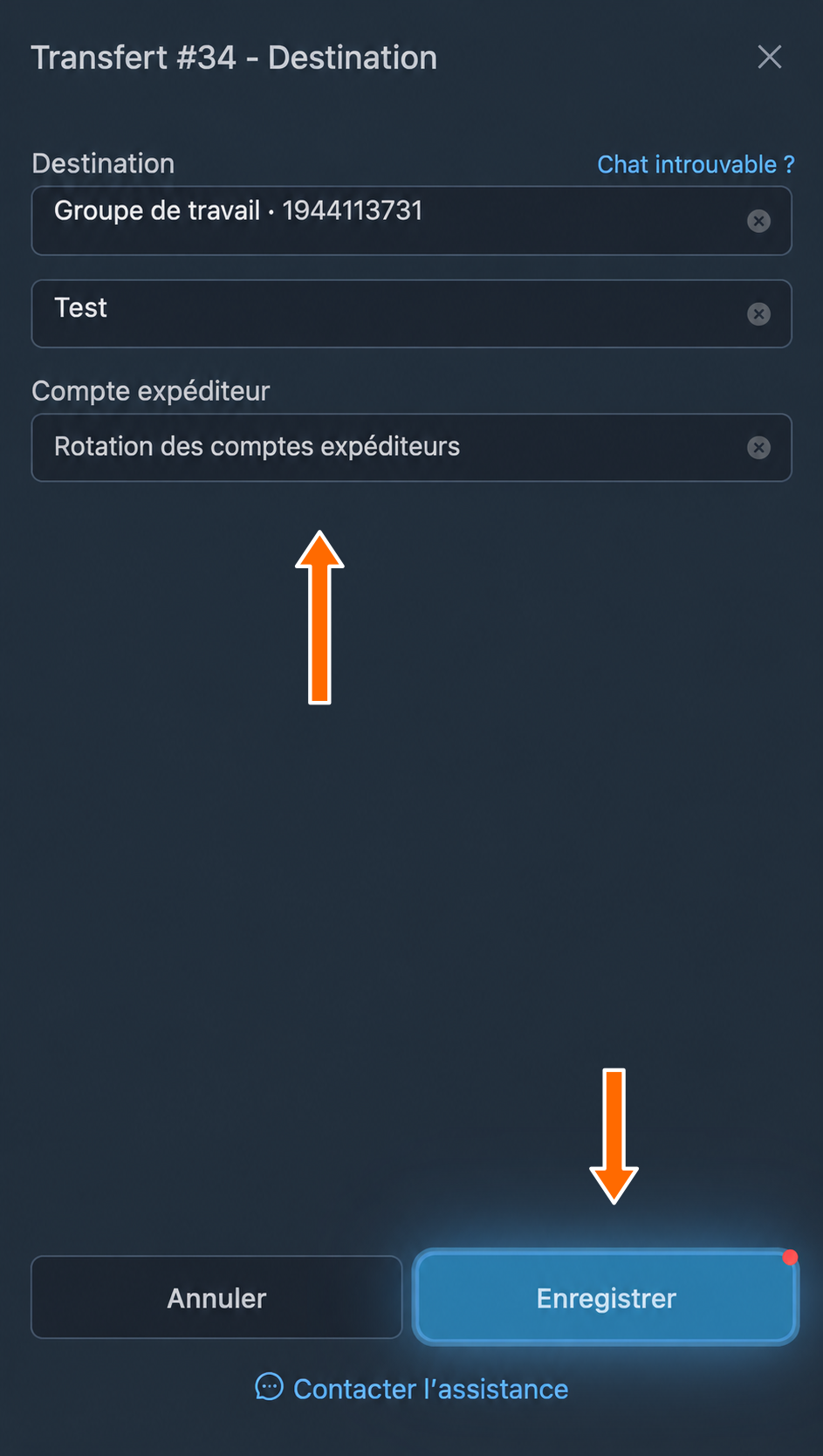 Rotation des comptes expéditeurs dans le réglage de la destination