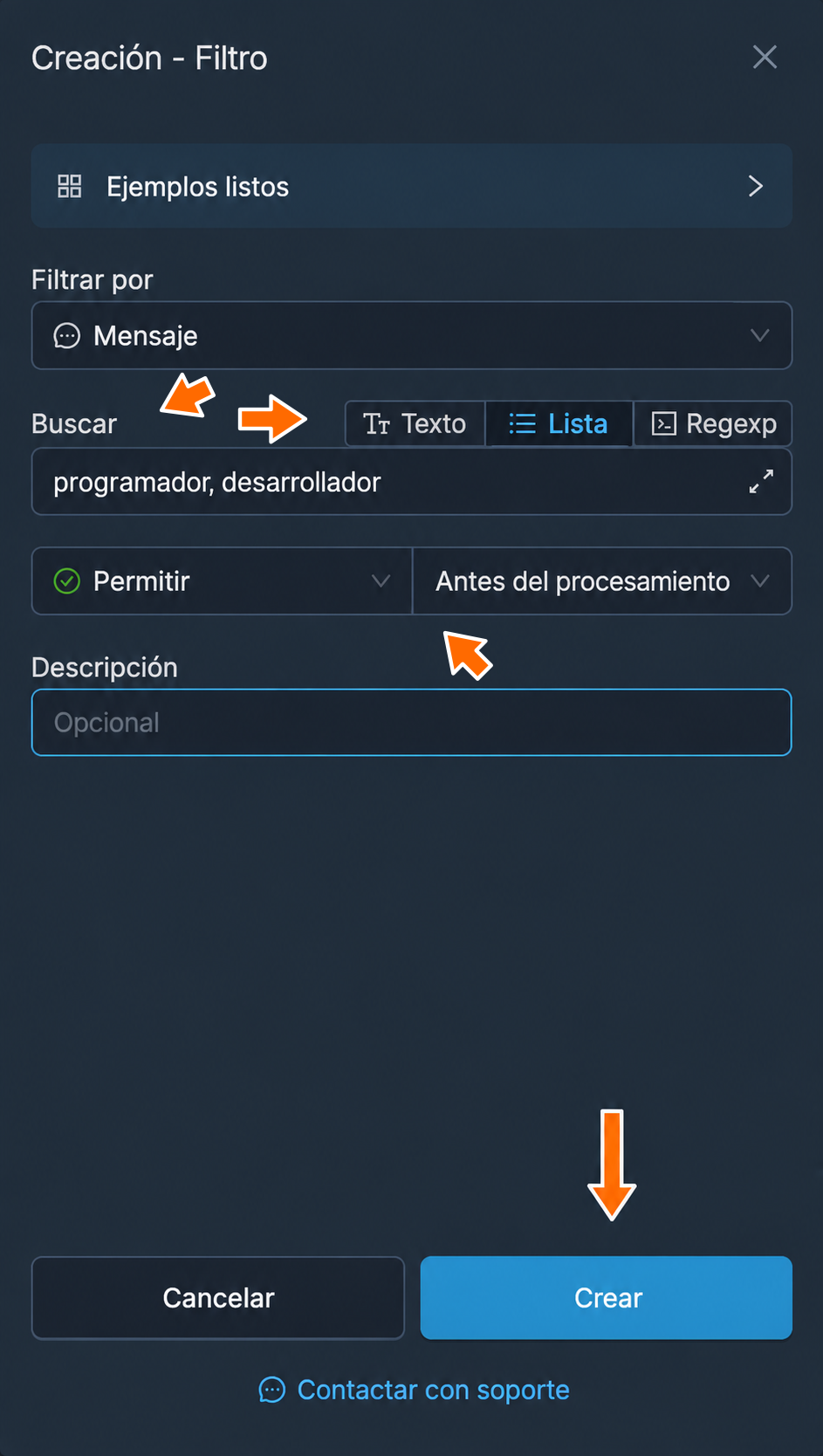 El filtro permite los mensajes con las palabras «programador» o «desarrollador»
