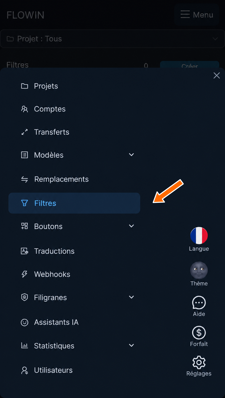 La rubrique « Filtres » dans le menu