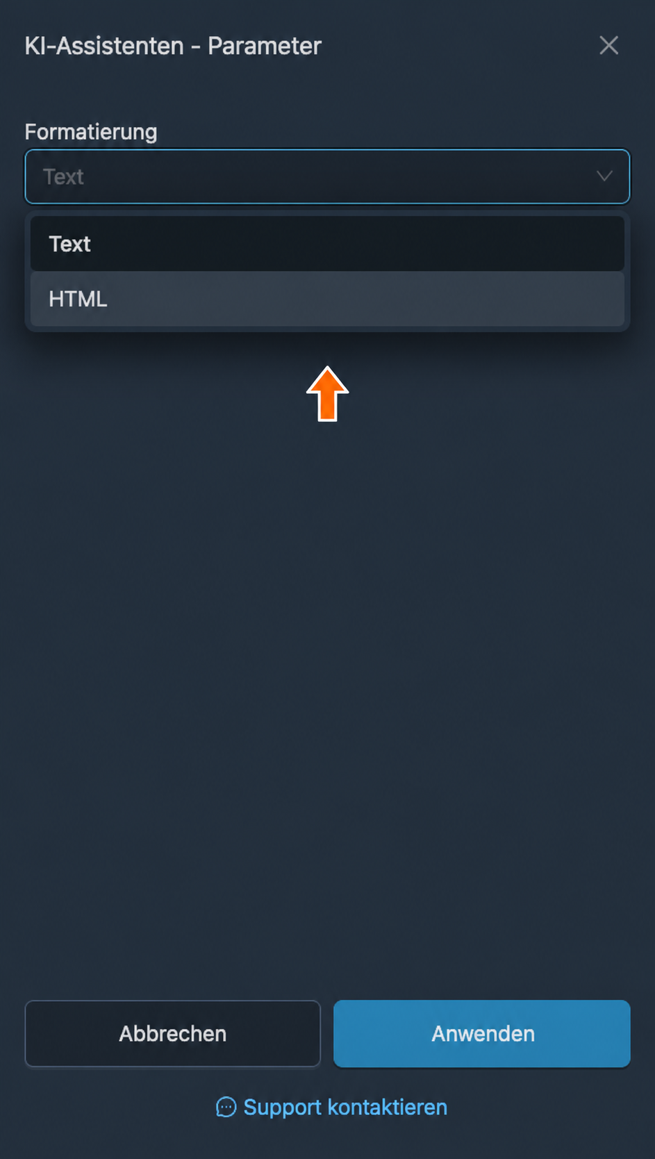 Formatierungsoptionen: „Text“ und „HTML“