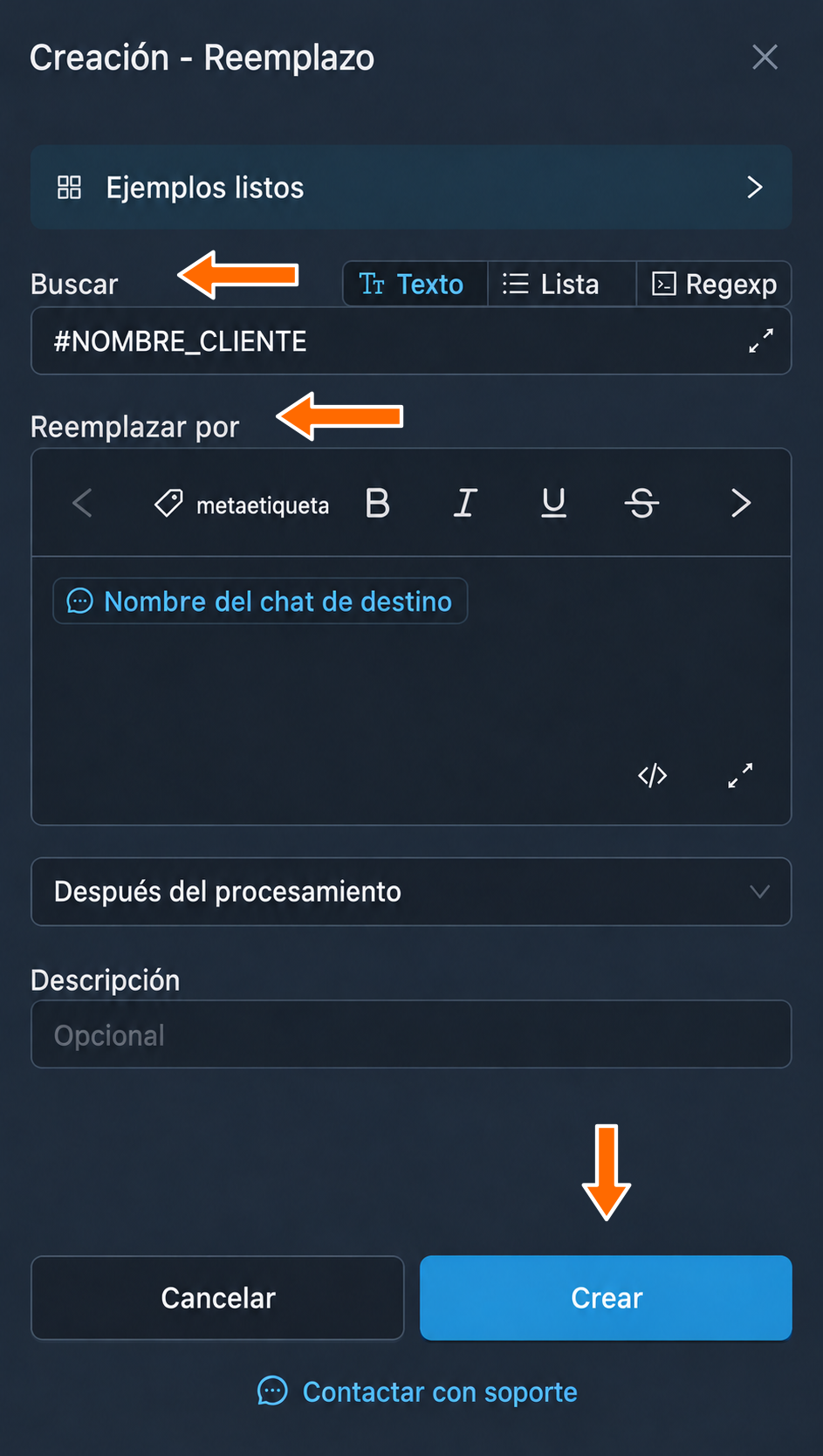 La metaetiqueta <dst-chat-name> se muestra como «Nombre del chat de destino»