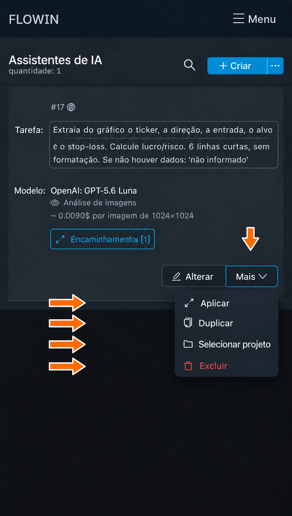 Ações adicionais para uma tarefa salva