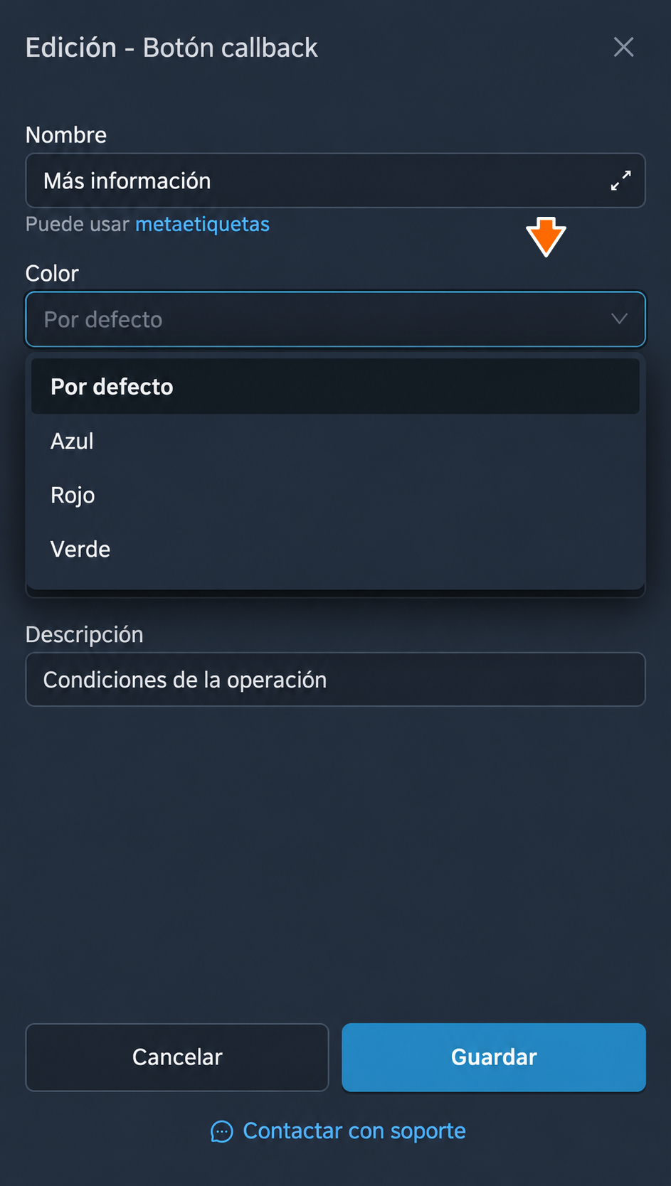 Colores disponibles para un botón callback
