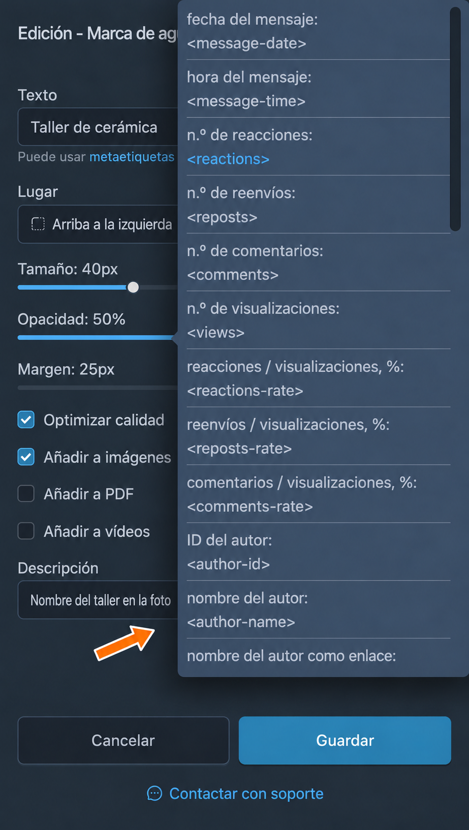 Ayuda de metaetiquetas junto al campo de texto