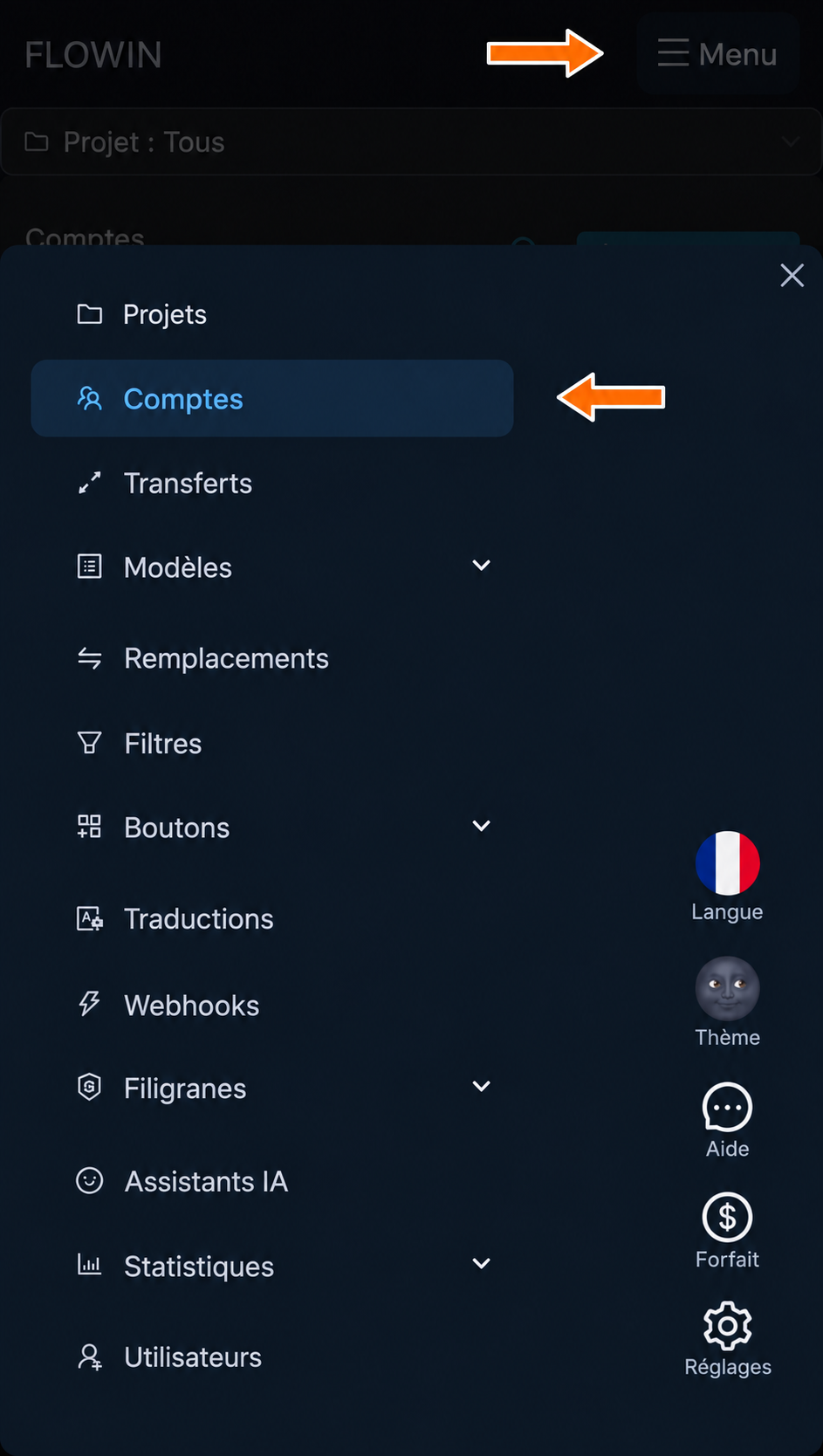 La section « Comptes » dans le menu de FLOWIN